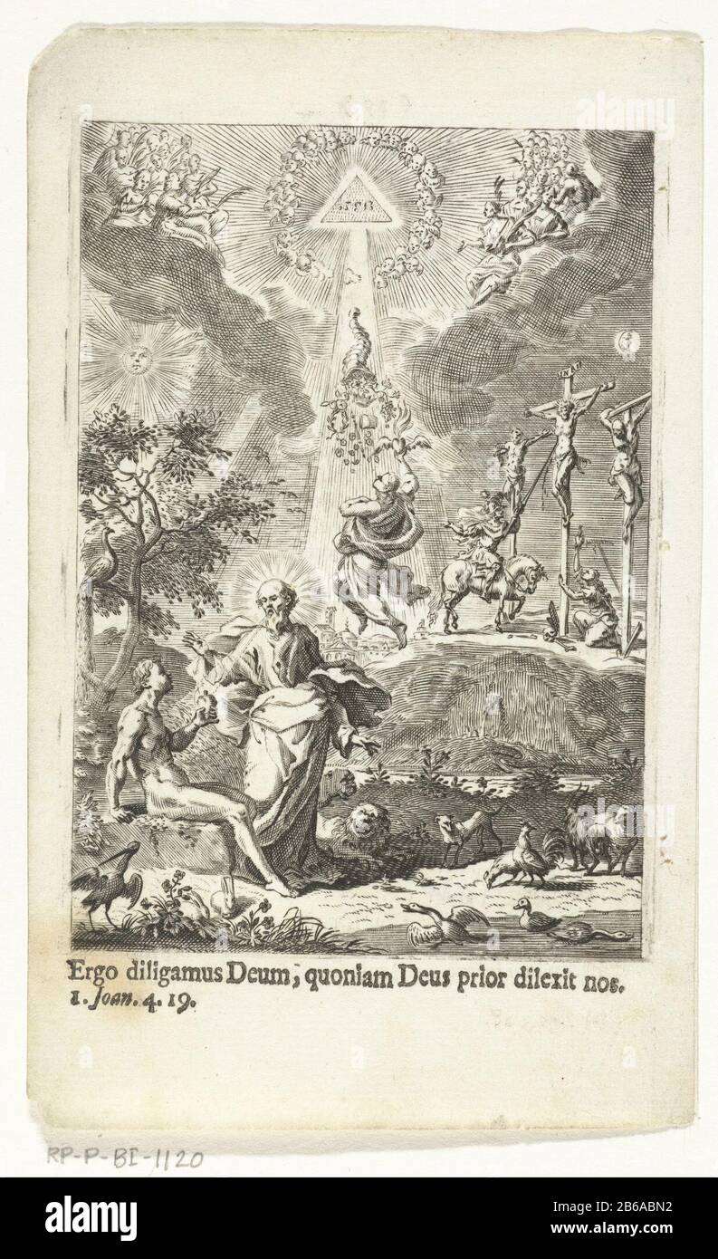 Allégorie de l'amour de l'homme pour Dieu Adam donne son coeur à Dieu dans le paysage paradisiaque avec les animaux. Dans l'air est l'oeil de Dieu tout voyant avec des anges et des saints affichés et les rayons seront une corne d'abondance comme une récompense pour un homme qui a donné l'amour dans sa vie. Dans une scène à l'arrière-plan, nous voyons le Christ crucifié flanqué de deux criminels et Longinus coller sa lance dans le côté du Christ. Bible de la première lettre de Jean, 4: 19 Fabricant : fabricant d'impression: Jan Baptist BerterhamPlaats fabrication: Bruxelles Date: 1696 - 1721 Caractéristiques physiques: Matière de gravure: Technique du papier: Etchi Banque D'Images