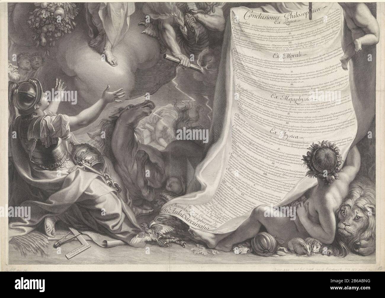 Allégorie du pouvoir de Louis XIV partie inférieure d'une photo où: Par le roi Louis XIV en robe romaine, est couronné par la personnification de l'Immortalité et de la paix le conduit. Le texte sur le tissu roulé donne les principaux points d'un traité philosophique de J.B. Colbert les Croissy. Fabricant : printmaker Gerard Edelinck (propriété listée) au dessin de Charles le Brun (bâtiment listé) printmaker: Plus riche (propriété listée) fournisseur de privilèges: Louis XIV (roi de France) (listée sur l'objet ) Lieu de fabrication: Printmaker Paris au dessin: Paris imprimer auteur: Paris (possible) fournisseur de Banque D'Images