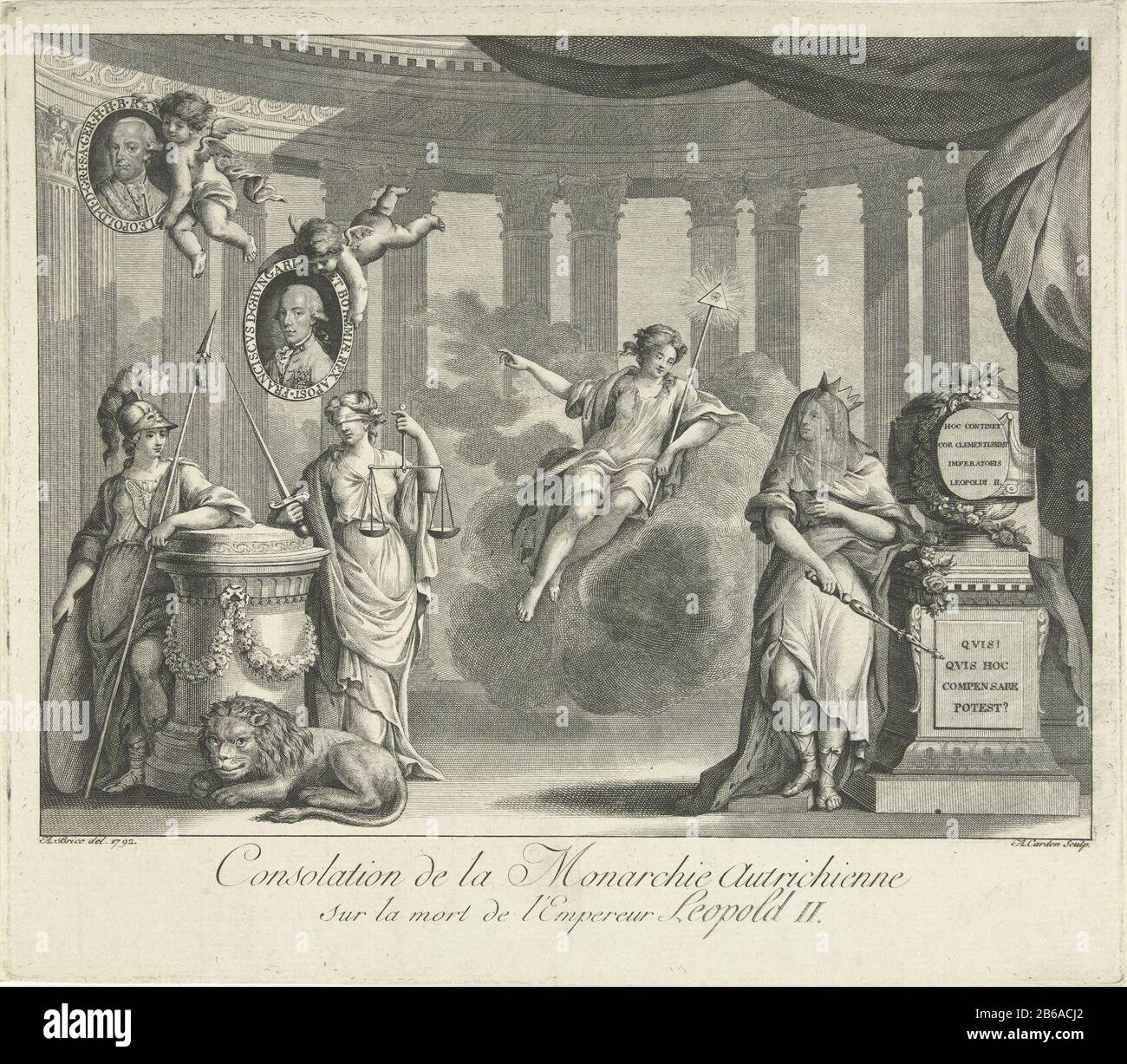 Allégorie sur la succession de Léopold II Consalation de la monarchie Autriche sur la mort de l'Empereur Léopold II (titre objet) Allégory sur le trône de l'empereur autrichien Léopold II par son fils François II Minerva, et la justice penchant sur une base de pierre. Au-dessus d'eux, passez deux putti portant les portraits de Léopold II et Francis II A droite la tombe de Léopold II avec la grie keizerin. Fabricant : printmaker: Antoine Cardon (possible) printmaker: Antoine Alexandre Joseph Cardon (possible) à dessiner: Ignace Brice (propriété cotée) Lieu de fabrication: Bruxelles (possible) Date: 1792 physique Banque D'Images