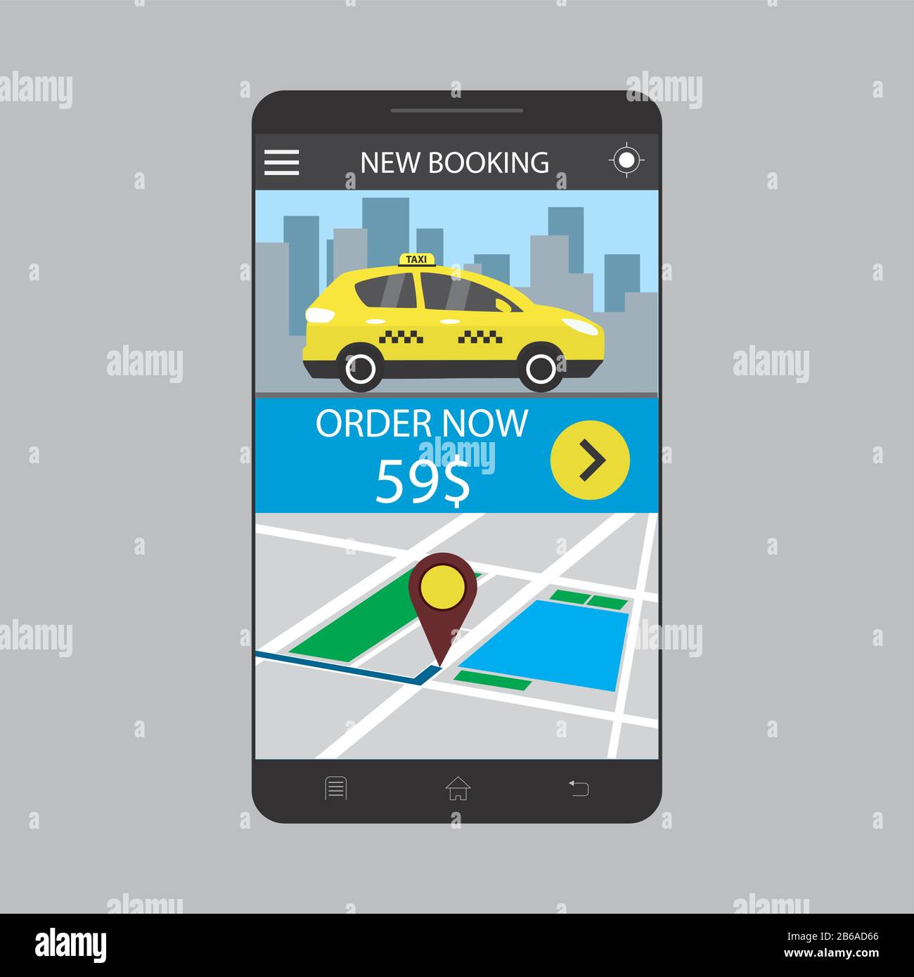 Smartphone moderne avec service d'application de réservation de taxi à l'écran, illustration vectorielle Illustration de Vecteur