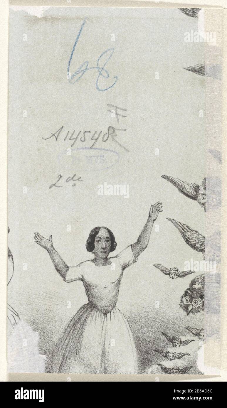 Allégorie sur la sagesse avec Minerva Femme avec des hiboux volant À Droite quelques hiboux au rez-de-chaussée, où une femme avec des bras a élevé staat. Fabricant : printmaker: Anonyme date: 1837 - 1880 Caractéristiques physiques: Lithographie en matière noire et verte: Technique du papier: Lithographie (technique) Dimensions: Feuille: H 66 mm × W 114 mmToeliechtZie pour rectozijde RP P-1889-A-14548 (R) . Objet: Femmes adultes ou Minerva: Owl Banque D'Images