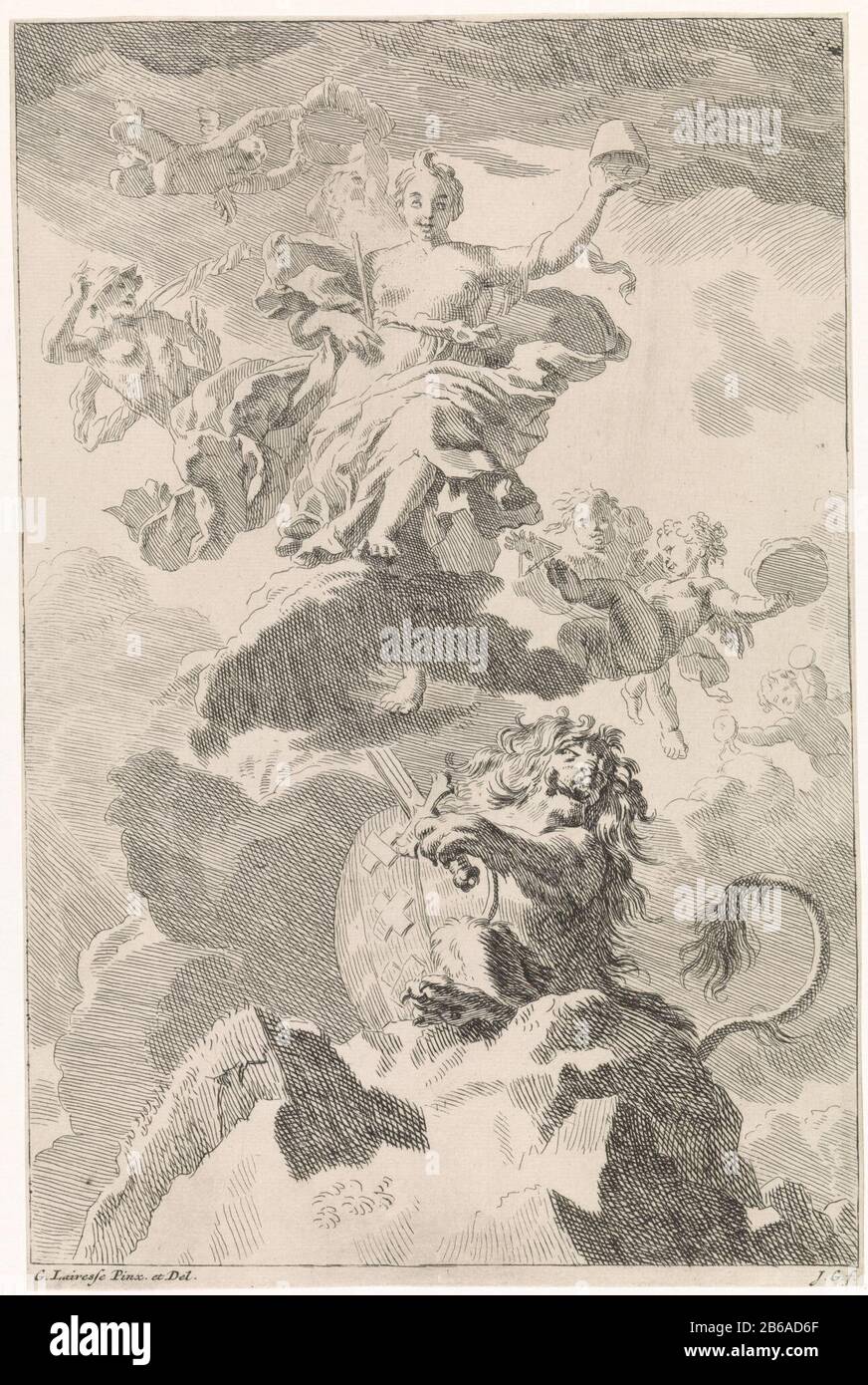 Allégorie sur le libre-échange le lion Bataafse biblique, mythologique et allégorique (titre de série) dans les nuages la personnification de la liberté, avec un sceptre et un chapeau de liberté en main. Elle est entourée de putti et Mercure. Sous son Lion Batavian, lourd d dans la main et les bras d'Amsterdam sur le côté. L'imprimé est à un plafond de peinture de Gérard de Lairesse et fait partie d'une série avec des voorstellingen bibliques, mythologiques et allégoriques. Fabricant : Print Maker: Johannes Glauber (indiqué sur l'objet) à un dessin de: Gerard de Lairesse (indiqué sur l'objet) à la peinture de Gerard Banque D'Images