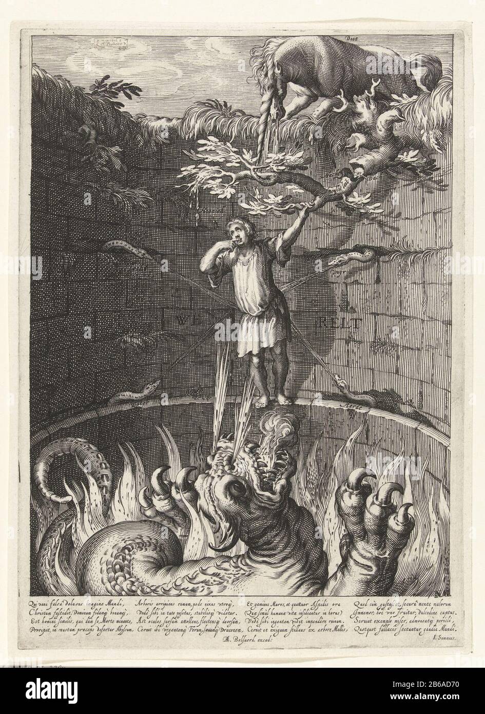 Allégorie du monde Allégorie du monde avec l'homme lui-même en mangeant le miel (abondance) dans une position embarrassante. Un jeune homme se tient sur une corniche de la falaise où il s'accroche à une branche au miel. Cependant, c'est gné par la souris blanche et noire qui représentent le jour et la nuit ou le passage du temps. La mort, représentée comme une licorne, menace de se faire voler à travers les narines. Quatre tubes sortent de fentes dans le mur, ils représentent les quatre éléments du feu, de la terre, de l'air et de l'eau. Une garde-dragon coupe-feu avec des griffes soulevées entre les flammes de l'enfer à la chute de l'homme. Parmi les Banque D'Images