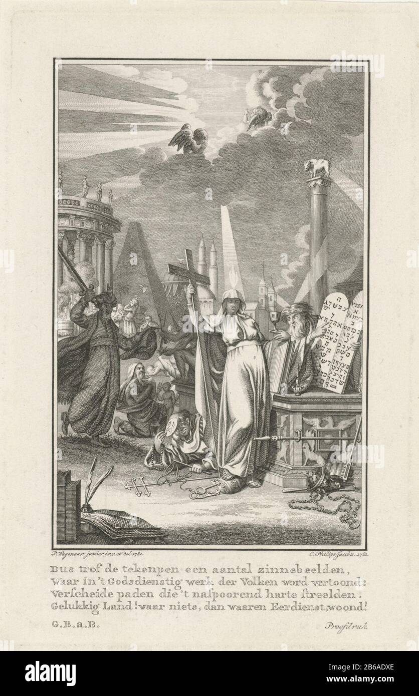 Allégorie de la foi la personnification de la foi (Fides), avec une croix et une calice dans ses mains, ses pieds sur la tiara papale. Au-dessus de sa tête s'allume une flamme, symbole de l'inspiration divine. Un homme le désignant aux tables de la loi. Un moine avec un masque lui craie furtive et souriant. En arrière-plan, un autel, une pyramide, une mosquée et une église. Une gentile veut la vraie foi avec un lourd d attaqué gaan. Fabricant : Printmaker: Caspar Jacobz. Philips (propriété cotée) au dessin: Pieter Wagenaar (II) (bâtiment classé) auteur: Gerrit Brender à Brandis (propriété cotée) Lieu de fabrication: Amsterdam Banque D'Images