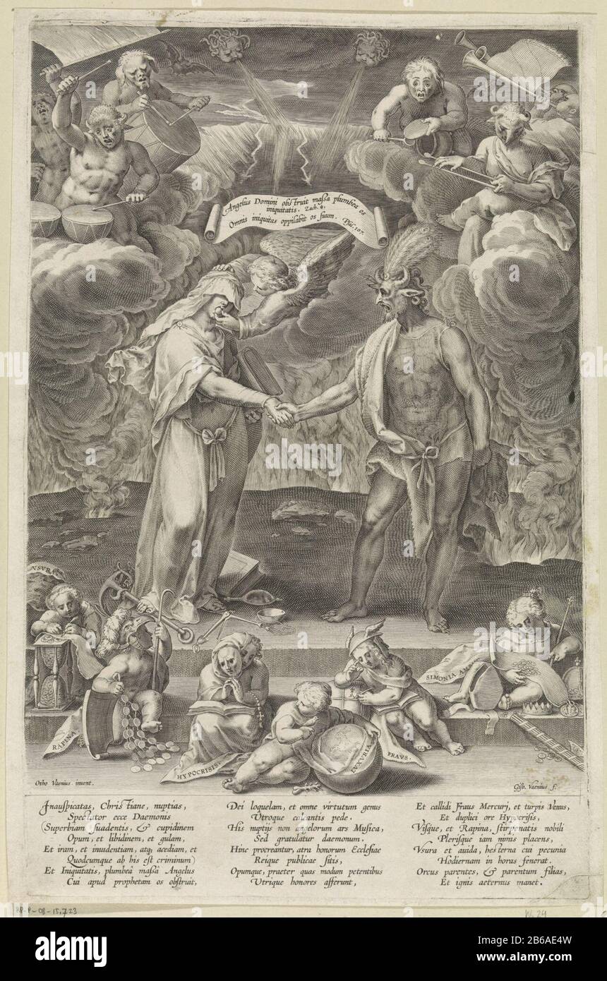 Allégorie sur le mariage du mal et du diable Au milieu sont la personnification du mal (une femme voilée) et le diable sur l'augmentation. Ils se prolongent l'un l'autre. Dans les nuages jouant la musique se dédirent et un défilement avec le texte de la Bible Zacharie 4 et Psaume 107. Les chéris habillés comme des chérubins comprennent le moine et le soldat. En arrière-plan le hel brûlant. Fabricant : printmaker: Gijsbert van Veen (propriété cotée) conçu par Otto van Veen (propriété cotée) Lieu de fabrication: Italie Date: 1572 - 1628 Caractéristiques physiques: Matériel automobile: Technique du papier: Engraa (procédé d'impression) Dimensions: Bord de la plaque: H Banque D'Images
