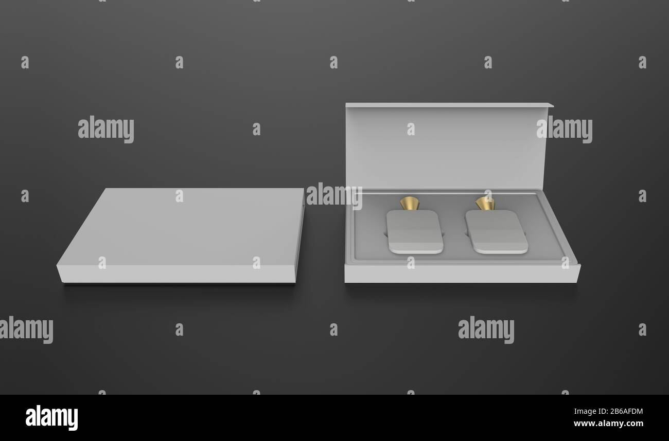 Deux bouteilles de parfum en verre se moquent avec une boîte ouverte et fermée sur fond noir, illustration tridimensionnelle. Banque D'Images
