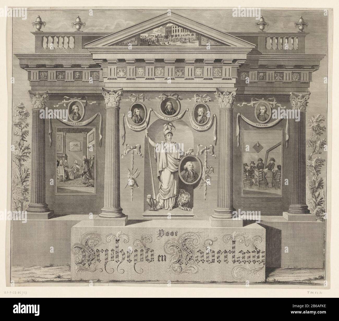 Allégorie en l'honneur des six pétitionnaires, 1795 Pour Vryheyd et Fatherland (titre objet) temple Allégorique avec Minerva central avec un médaillon avec un portrait de CW Fisherman au-dessus des portraits des autres pétitionnaires: Jansen, Hardenberg, v. d. Heijde, de Calcar et Heuske. Ils ont été mis en prison après qu'ils ont été offerts par le conseil municipal d'Amsterdam un rekwest le 14 octobre 1794. Offre à gauche DE L'APPLICATION, à droite six dans leur chambre dans le workhouse. Le 19 janvier 1795, les six ont été libérés. Au bas du titre dans kalligrafie. Fabricant : machine à imprimer: Jan Lucas van der B Banque D'Images