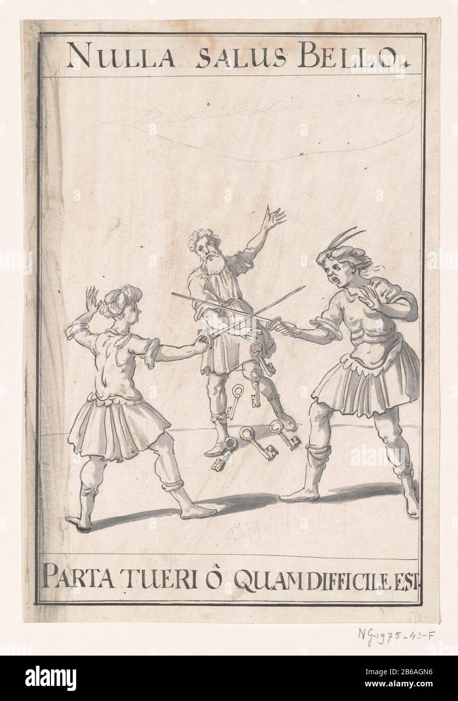 Emblème allégorique dans le traité de Rijswijk, 1697 logo avec deux poids: Dvechtende hommes derrière un DROP ces clés. Marques: Nulla salus Bello / Parta tueri ô difficile est quam. À l'arrière des dessins pour enfants, une église. Design pour la décoration à la célébration de la paix de Rijswijk en 1697. Fabricant : artiste: Fabrication anonyme de lieux: Nord des Pays-Bas Date: 1697 Caractéristiques physiques: Stylo en noir et pinceau en gris: Technologie d'encre de papier: Dimensions stylo / pinceau: H 295 mm × W 205 mm Sujet: Festivités sur les événements ou L'Importance nationale (+ décoration festive ~ festis Banque D'Images