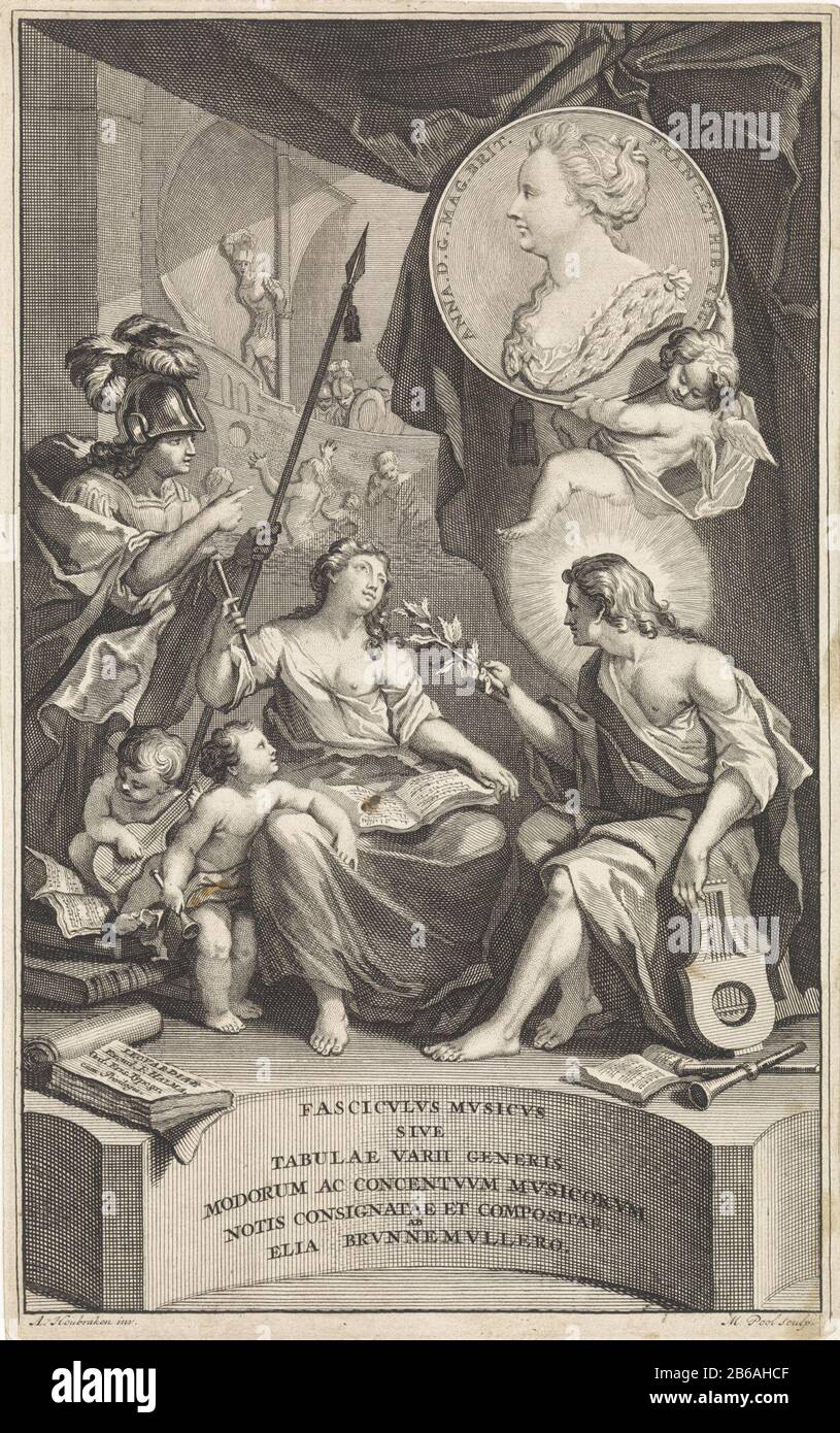 lors de la montée, c'est la personnification de la musique, un livre de chansons sur ses genoux. Apollo lui mains une branche d'olive. Derrière elle se tient Minerva pointant vers le portrait d'Anna Stuart, reine d'Angleterre. En arrière-plan, un soldat lié au navire. Une sirène sauvera ses bras derrière lui op. Fabricant : printmaker: Matthijs Pool (propriété listée) conçu par Arnold Houbraken (bâtiment listé) éditeur: François Halma (propriété listée) fournisseur de privilège inconnu (objet listé ) Lieu de fabrication: Amsterdam Date: 1710 Caractéristiques physiques: Engrala technique papier: engrala (processus d'impression) / etch di Banque D'Images