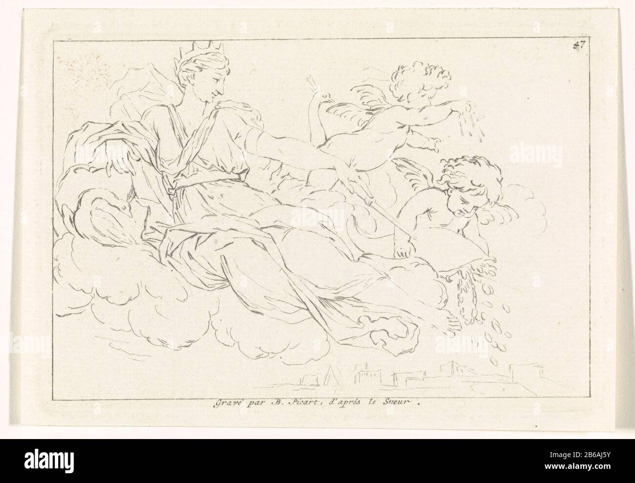 Allegorische performance avec Juno Juno est dans les nuages, flanqué de deux paons. Elle est accompagnée de deux pièces de putti dispersées sur la terre. Numéro 47 en haut à droite. Fabricant : printmaker: Bernard Picart (propriété cotée) au dessin: Bernard Picartnaar dessin: Eustache Lesueur (bâtiment classé) Date: 1683 - 1733 Caractéristiques physiques: Matière de gravure: Technique du papier: Gravure Dimensions: Bord de la plaque: H 89 mm × W 128 mmToeliechtPrent inclus dans: Impostures Innoces, ou recueil d'estampes d'apres divers peintres (...) par Bernard Picart (...) avec son fils elogue historique et le catalogue Banque D'Images