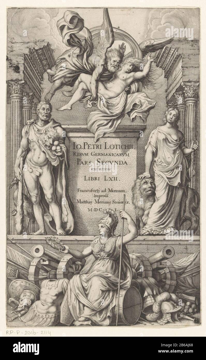 Allégorie d'Hercules, Minerva et Germania titre page pour Johann Peter Lotichius, Rerum Germanicarum, Pars Secunda, Libri LXII, 1650 Liens d'un piédestal avec Hercules de lion, club, trois pommes dorées dans sa main et un oiseau (grue). De l'autre côté se trouve une figure allégorique féminine, probablement Germania, avec un lion dans sa main, et un anneau et une chaîne. Au-dessus de la base vole un vieil homme avec une jeune femme dans ses bras. Au premier plan, Minerva est assis avec casque, bâton et couronne de laurier sur un tambour pour canons et wapens. Fabricant : printmaker: Éditeur anonyme: Matthäus Merian (I) (bâtiment classé Banque D'Images