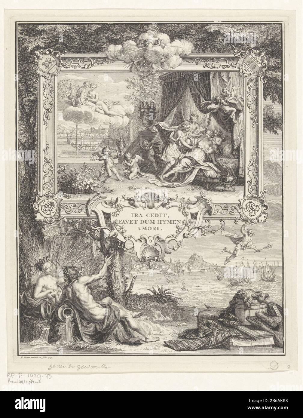 Allégorie à l'occasion du mariage de David Leo van Lennep et Hester Barnaart Ira cedit, favet dum hymen Amori (titre objet) Allégorie à l'occasion du mariage de David Leo van Lennep et Hester Barnaart Haarlem le 25 mai 1723. Le mari a apporté au mariage de Hymen, Où: Ils repoussent la lumière. Juno, protecteur des femmes, et Vénus, déesse de l'amour, s'assoient au sommet d'un nuage. Le spectacle est tenu dans un cadre décoratif. Sous les dieux actuels de l'IJ et de la Spaarne. Bon, les navires et le Mercure Handelsgod montrent à nouveau les activités du couple comme marchands. Parmi le mot du spectacle Banque D'Images