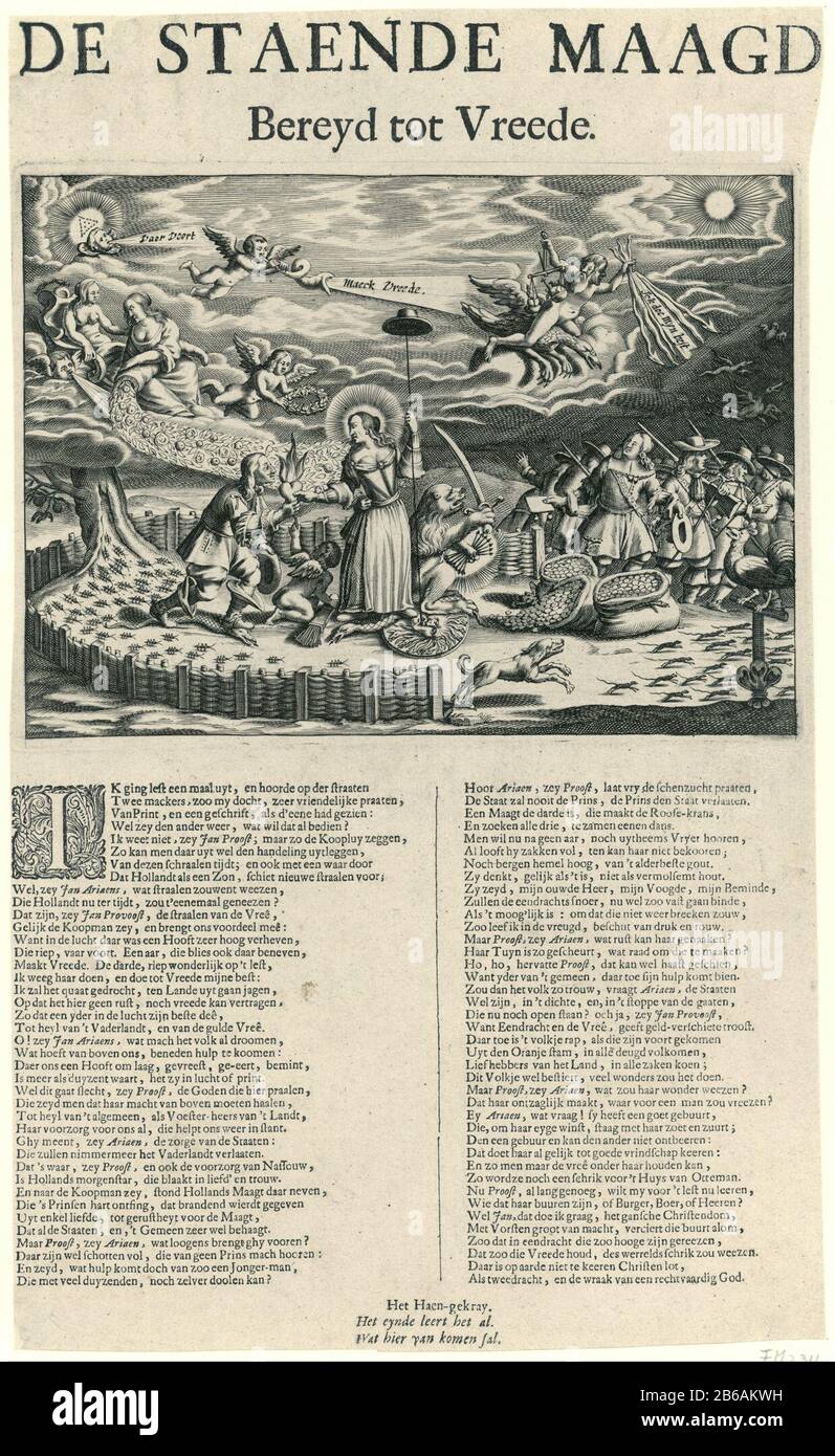 Allégorie du jardin néerlandais dans lequel William III déclare son amour à la Vierge néerlandaise, 1672 la Vierge Staende Bereyd à Vreede (titre objet) Allégorie du jardin néerlandais dans lequel William III déclare son amour à la Vierge néerlandaise, 1672. L'arbre orange dirige une armée de criquets; Des civils armés de droite fuient, lea derrière de grands sacs remplis d'argent. Dans l'air, voler allégoriques diverses figures. Droite est un coq sur un bâton. Parmi les performances d'un néerlandais fraîchement deux colonnes au-dessus du terme 'Het-Haen gekray'. Le verset est une collaboration entre Jan Provoost (ou Cheers) et Jan Ariaens. E Banque D'Images