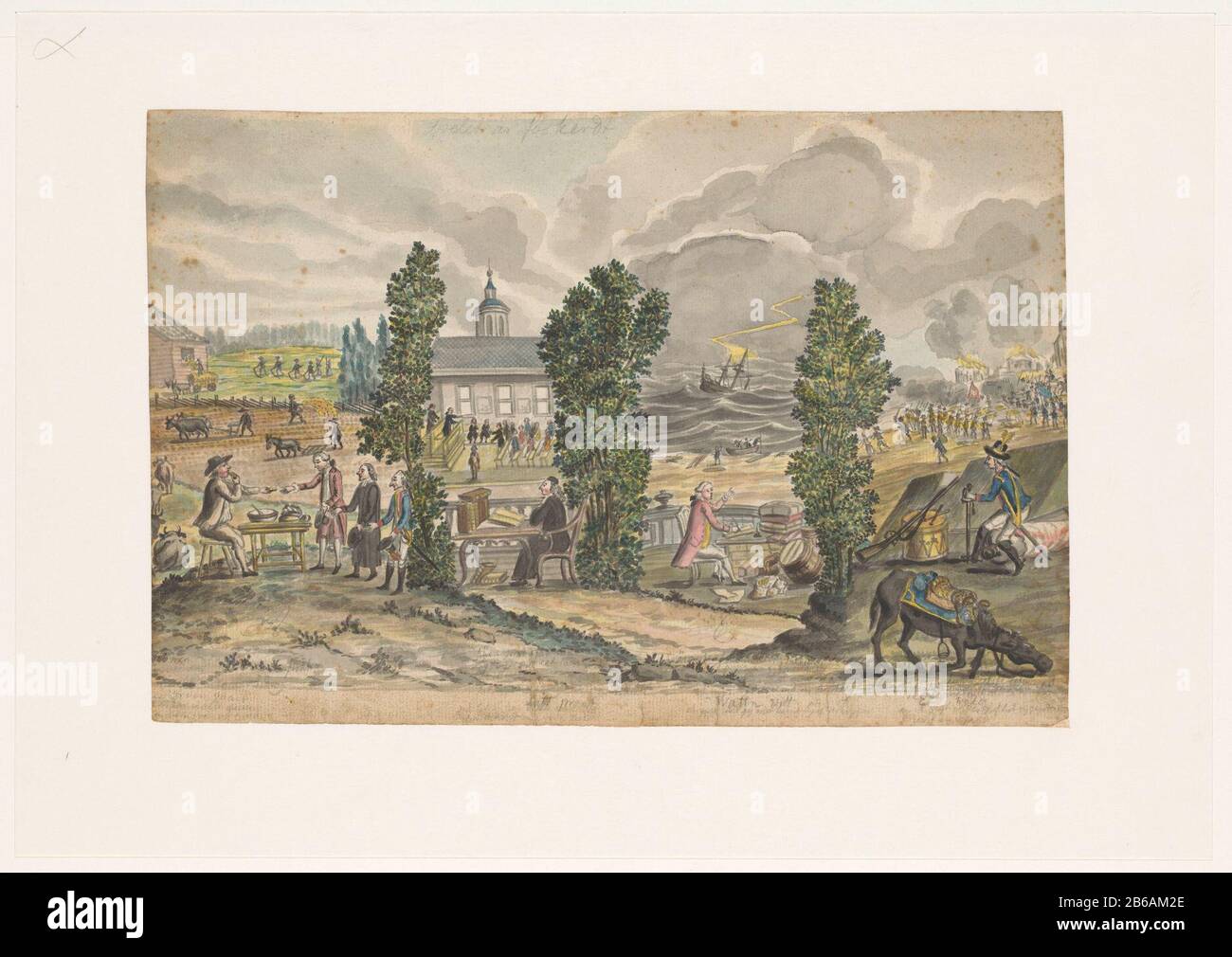 Allégorie de la menace de guerre en Suède Allégorie de la menace de guerre en Suède. Paysage avec plusieurs scènes supplémentaires, certaines avec une signification allégorique. À gauche du progrès de la vie quotidienne normale, du côté droit de la menace de guerre et de troubles politiques en Europe du Nord et de l'est à la fin du XVIIIe siècle. Déjoué et onderschriften. Fabricant : artiste: Jan BrandesPlaats fabrication: Skälsebo Dating: 1787 - 1808 Caractéristiques physiques: Aquarelle sur dessin au crayon, peinture couleur matériau: Papier Pencil technique: Dimensions du pinceau: H 200 mm × W 299 mmgeheel: H 455 mm ( avec matelas) b × 60 Banque D'Images