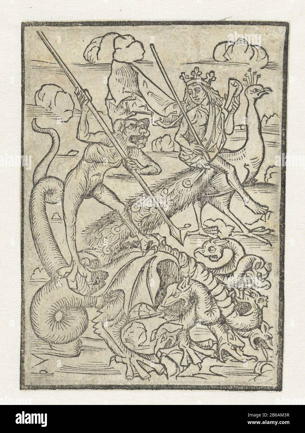 Allegorische représentation Droite est un homme couronné sur un paon assis, tenant dans sa main gauche il était une feuille de papier dans le bâton droit. Front gauche, le diable sur un dragon à sept têtes, il a une lance dans la main fabricant de fabrication: Printmaker: Fabrication anonyme: Allemagne Date: 1490 - 1510 Caractéristiques physiques: Bois: Technique du papier: Bois Dimensions: Feuille: H 130 mm × W 95 mm Objet: Oiseaux ornementales: peacock se déforme (fabuleux) animal Banque D'Images