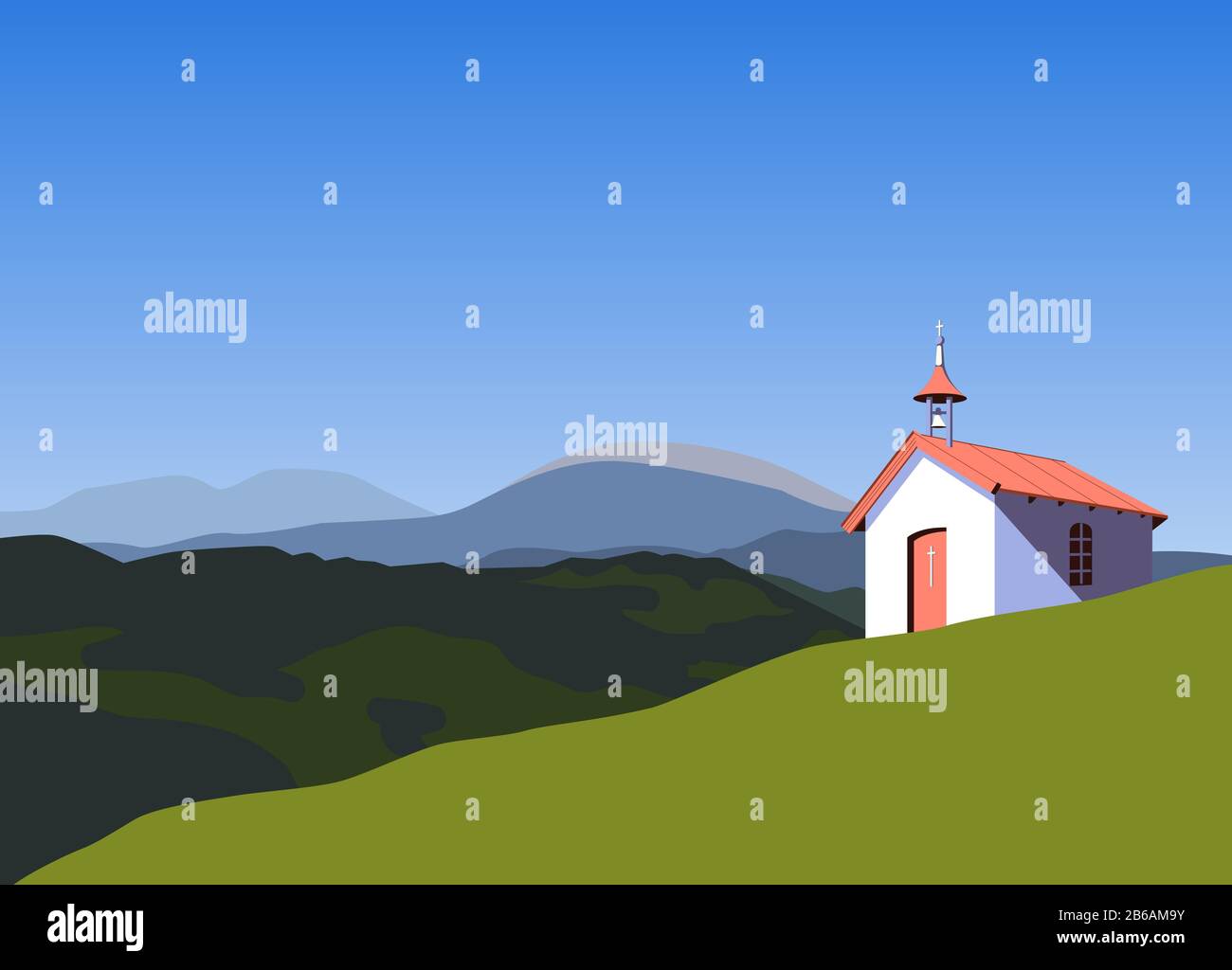 Petite église rurale dans les montagnes plat couleur vecteur Illustration de Vecteur