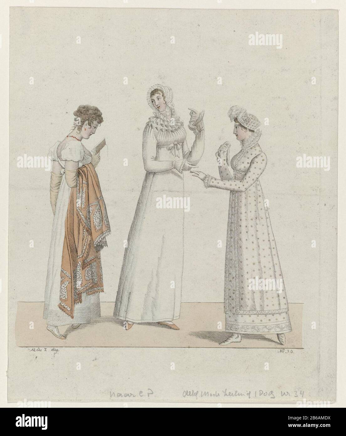 Général Moden-Zeitung, 1809, No 34 de gauche à droite : 1. 'Perruque à la Ninon. Robe décorée avec des rubans étroits. Accessoires : boucles d'oreilles, collier, gants longs, écharpe, chaussures plates. 2. Japon avec col plissé composé de trois couches. Bouchon. 3. Parsemée de robe tunique (?). Col avec ourlet festonné. Chapeau en pointillés carrés avec ressorts. Du magazine de mode Allgemeine Moden-Zeitung, Leipzig, 1807-1894. Les trois figures sont copiées du Journal des Dames et des modes, publié par Pierre de la Mésangère, Paris, 1797-1839. La femme à gauche est une copie miroir à Pl. 997, 15 Août 1809. Fabrication Banque D'Images