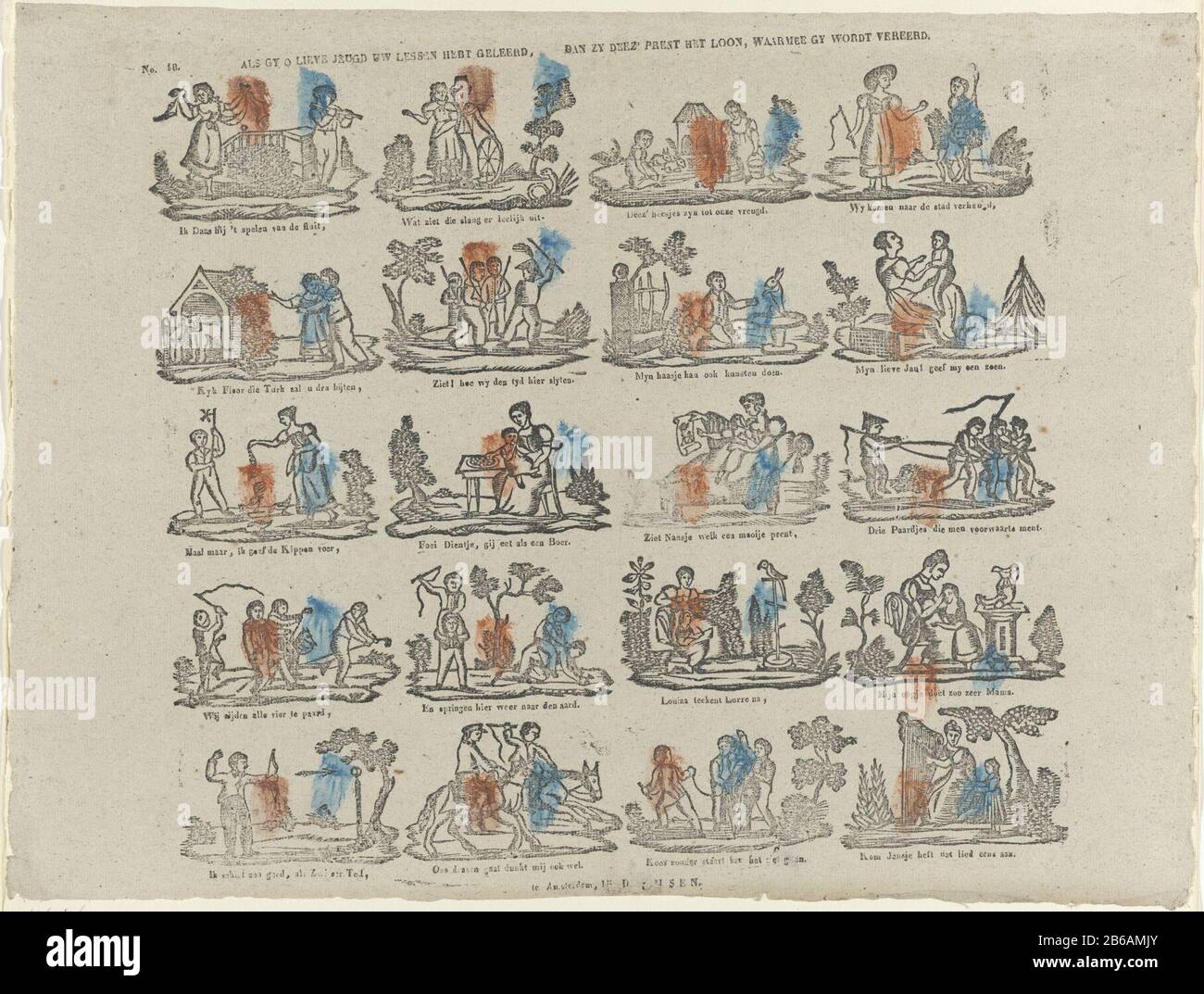 Si tu as appris vos leçons, alors elle déez «salaire d'image, qui est vénéré gy (objet titre) feuille avec 20 représentations de jeux pour enfants, y compris l'équitation obbycheval, jouant avec les animaux et les cerfs-volants. Sous chaque performance, une ligne de signature. Numéroté en haut à gauche : n° 18. Fabricant : Vendeur: D. Lijsen (bâtiment classé) Editeur: Bernardus Jan Ulrich Imprimer auteur: Anonyme place Fabrication: Vendeur: Amsterdam Éditeur: Rotterdam Imprimer auteur: Pays-Bas Date: 1836 - 1849 Caractéristiques physiques: Boiseries colorées en orange et bleu; matériel d'impression de texte: Technique papier: Banque D'Images