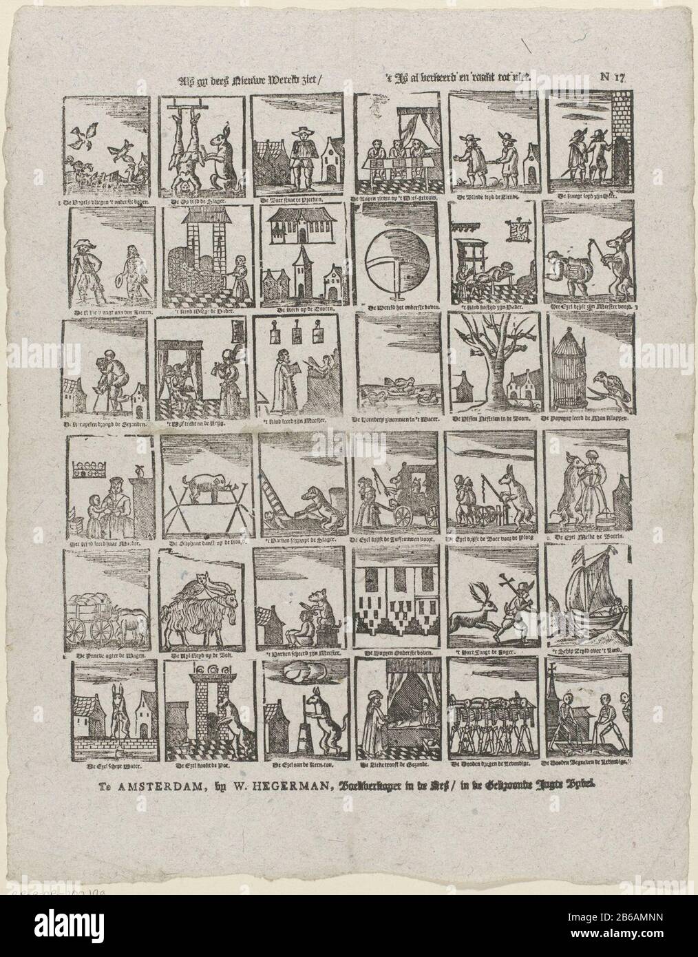 S'il voit le nouveau monde de dees, il est tout à fait faux "et" de ne pas toucher (titre objet) feuille avec 36 représentations sur le mauvais monde, Où: Entre autres animaux se comportent comme des humains. Sous chaque image pour une légende. Numéroté en haut à droite : N 17. Fabricant : éditeur: Willem Hegerman (bâtiment classé) printmaker: Fabrication anonyme: Amsterdam Date: 1761 - 1781 Caractéristiques physiques: Bois et texte: Technique du papier: Bois / formats d'impression: Feuille: H 394 mm × W 304 mm Subject 'mundus inversus', le monde inversé, le monde toureux, 'le monde © bestourne' animaux comme comportement humain Banque D'Images