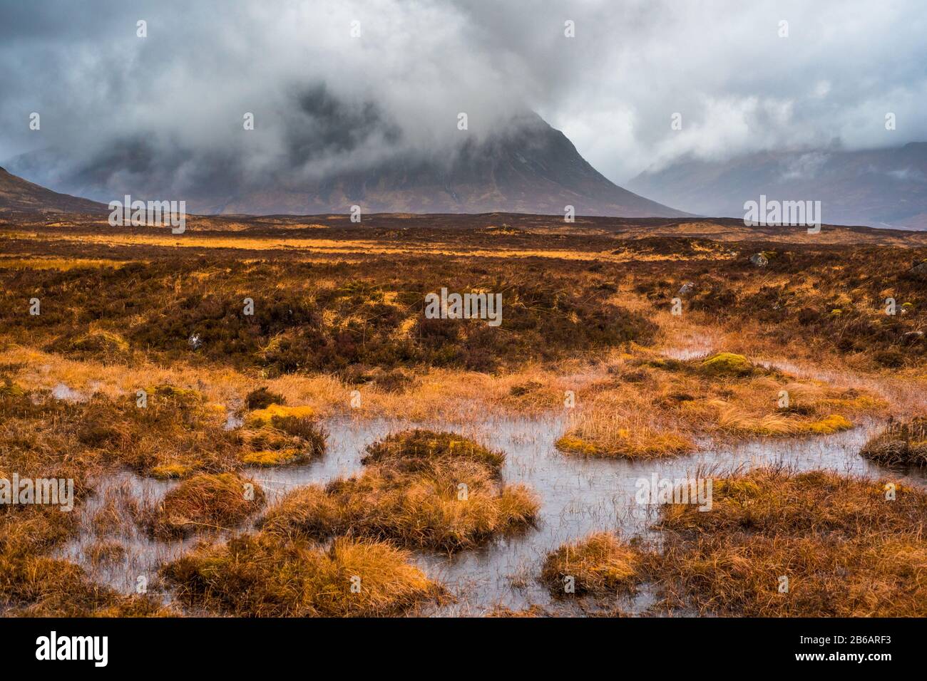 Buachaiille Etive Mor enveloppé dans des nuages avec de l'eau marécageuse et de l'herbe en premier plan. Glencoe, Écosse Banque D'Images