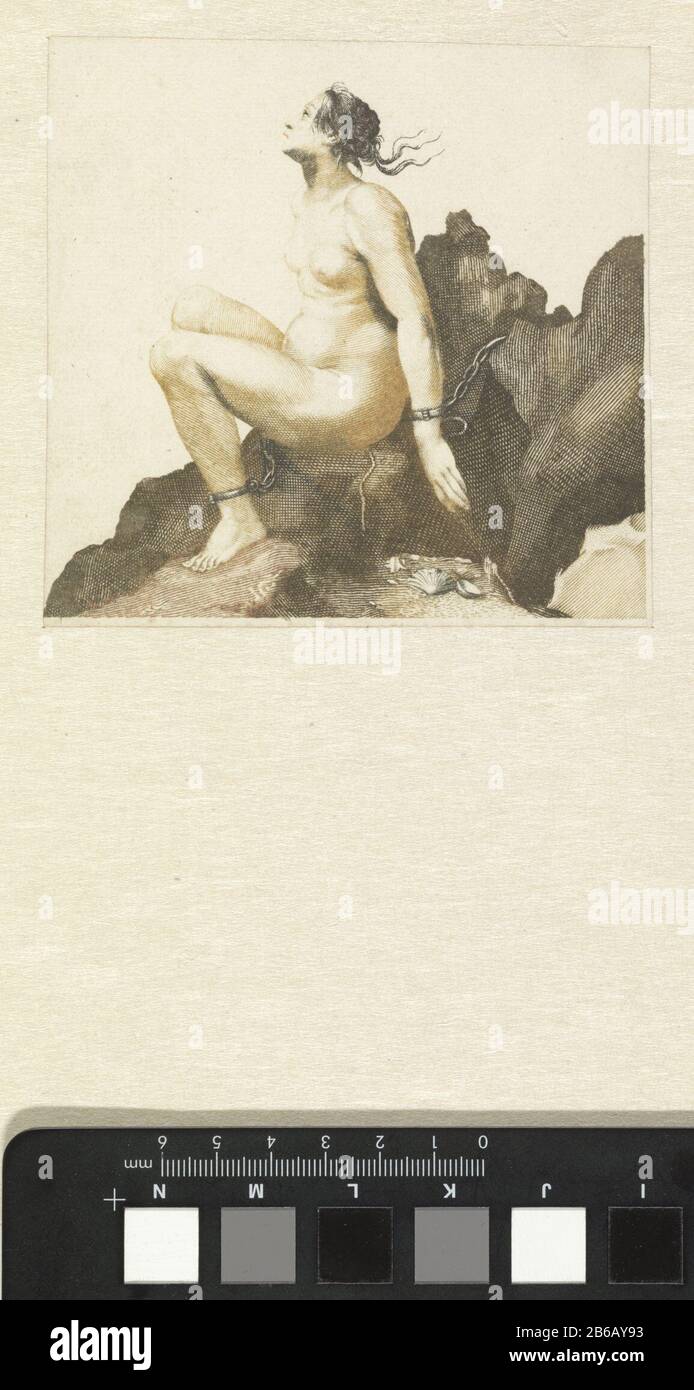 Andromeda Andromeda geketend aan de rots, naast haar enkele schelpen. Fabricant : protmaker: Anoniemnaar prent van: Claude Mellansuperecie: Johan TeylerPlaats fabrication: Nederland Dating: 1688 - 1698 kenmerken physique: Gravire à la poupée in geel, bruin en zwart matériau: Papier Techniek: Graveren (drukprocedé) / à la poulée / kluk / 112 mm Sujet: Andromède enchaîné à la roche Banque D'Images