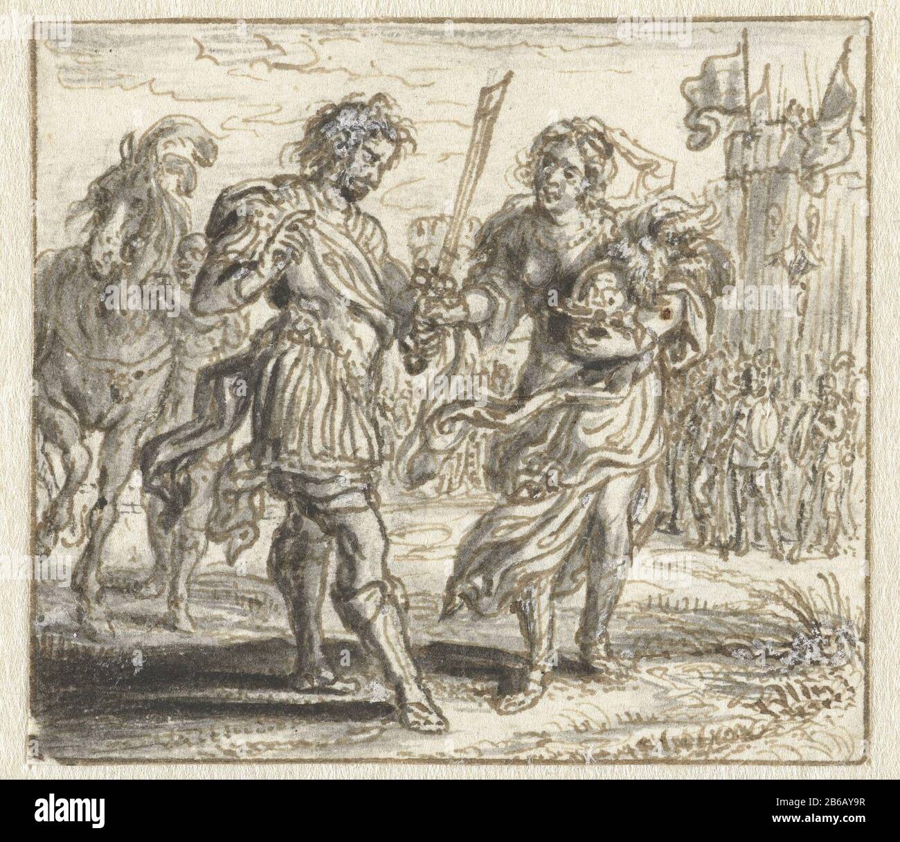 Andromache au revoir à Hector Draft prent. Fabricant : artiste: Adriaen Pietersz. Du Venne Date: 1629 - 1634 Caractéristiques physiques: Pinceau en gris, stylo en marron, couleur blanche du corps, dorgegriffeld matériel: Peinture de finition papier encre technique: Stylo / pinceau / par griffloff dimensions: H 50 mm × b 56 mmToelichtingOnwerp pour une illustration dans Jacob Cats '' Hovwelyck. .. 'Par 1634: Adieu à Hector. Objet: Armement d'Hector; Andromache, Priam et d'autres l'implorent de ne pas combattre l'adieu d'Hector à sa femme Andromache et à son jeune fils Astyanax (scènes de) oeuvres spécifiques de Lite Banque D'Images