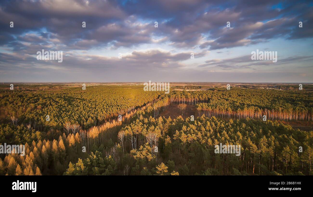 Village polonais et champs à proximité illuminés par le soleil couchant. Banque D'Images