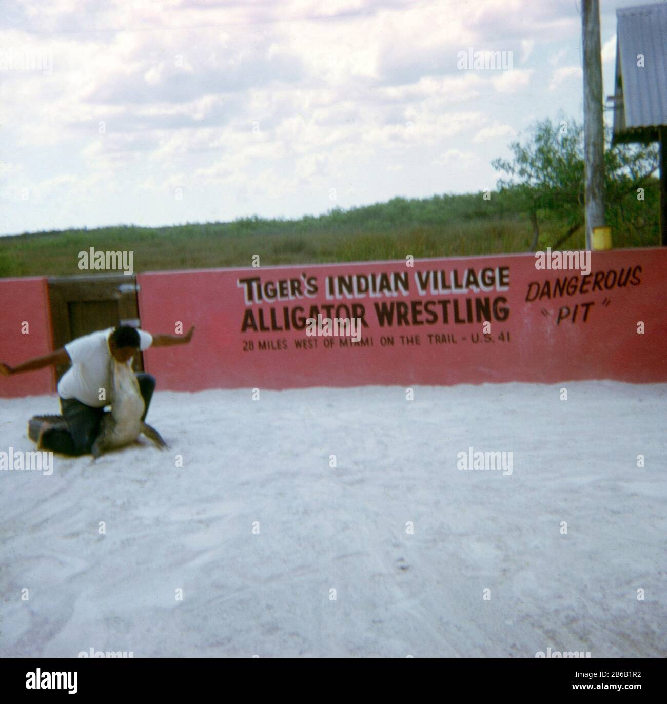Photo vintage vers 1972, le Miccosukee Indian Village Alligator Wrestling de Tiger, près de Miami, en Floride. SOURCE : TRANSPARENCE 35 MM D'ORIGINE Banque D'Images