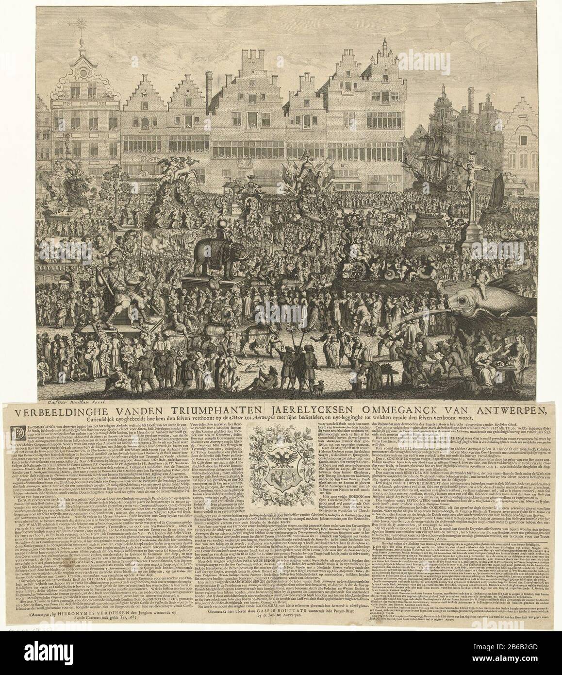 Anvers procession de 1685 Verbeeldinghe Vanden Triumphanten Jaerelycksen Ommeganck d'Anvers, 1685 (titre objet) La procession annuelle d'Anvers 1685. Plusieurs voitures avec tables vivants tirant sur la Grote Markt à Anvers. Le géant Antigoon, une baleine d'eau avec Neptune sur son dos, un char de Neptune et Amphitrite, un éléphant avec Fortuna sur le dos, le Mont Parnassus, l'enfer bouche, Maagdenberg, l'Annonciation de Marie et la marchandise du navire sont examinés. Le public regarde de la rue et des fenêtres des maisons de guilde. Le tirage a une équipe néerlandaise avec le descendant Banque D'Images