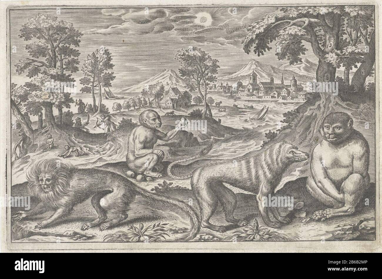 Singes animaux À Quatre pattes (titre de la série) Animalivm Qvaddrvpedvm (titre de la série) Quatre singes au premier plan. En arrière-plan, un paysage avec certains hommes qui chassent des singes. L'impression fait partie d'une série avec le Sujet dieren. Fabricant : à concevoir: Adriaen Collaertprentmaker: Éditeur anonyme: Nicolaes Visscher (i) (attribué à) Lieu de fabrication: À concevoir: Anvers Print Creator: Inconnu Éditeur: Amsterdam Date: 1595 - 1652 Caractéristiques physiques : engrara matériau: Papier technique: Engrara (processus d'impression) mesures: Bord de plaque: H 128 mm × W 193 mm Subjectsinges, singe hunapti Banque D'Images