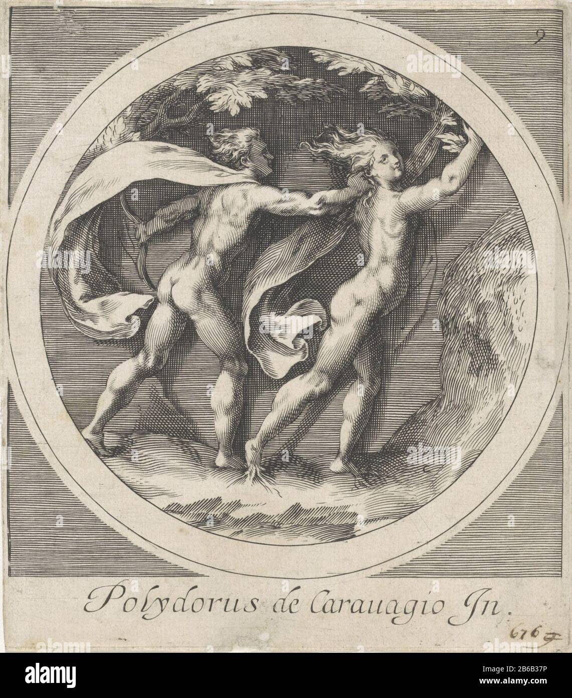 Apollo chassant le Daphné en fuite. Ses bras levés ont déjà des branches et des feuilles et ses pieds racine. La scène est capturée dans une liste circulaire. Dans la marge inférieure, le nom du concepteur. Numéroté à droite: 9. Fabricant : fabricant: Cherubino Alberti (possible) fabricant: Anonyme à un dessin par: Polidoro da Caravaggio (indiqué sur l'objet) à imprimer par: Cherubino Alberti Lieu de fabrication: Italie rencontres: CA. 1590 - env. 1600 Caractéristiques physiques: Matériau de la prise: Technique du papier: EngraA (processus d'impression) mesures: Bord de la plaque: H 164 mm × W 143 mmToelichtingPrent d'une série de cop Banque D'Images