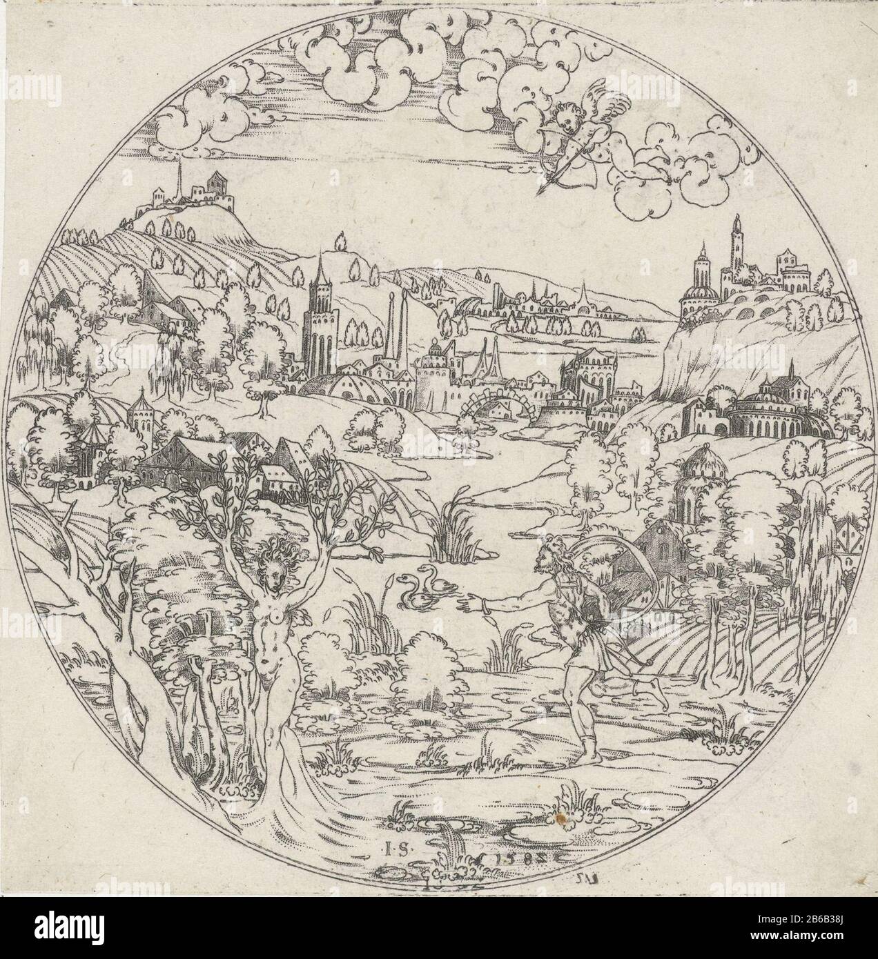 Apollo et Daphne Bas de paysages de balance avec des représentations bibliques et mythologiques (titre de série) Dans l'air flotte un puto avec arc et flèche. ? A partir de la série 8 feuilles Manufacture Créateur: Printmaker: Jonas Silber (bâtiment classé), conçu par Jonas Silber (bâtiment classé) Editeur: Fabrication anonyme: Allemagne (possible) Date: 1572 - 1582 matériau: Technique du papier: A dimensions: Lame: D 139 mm Banque D'Images