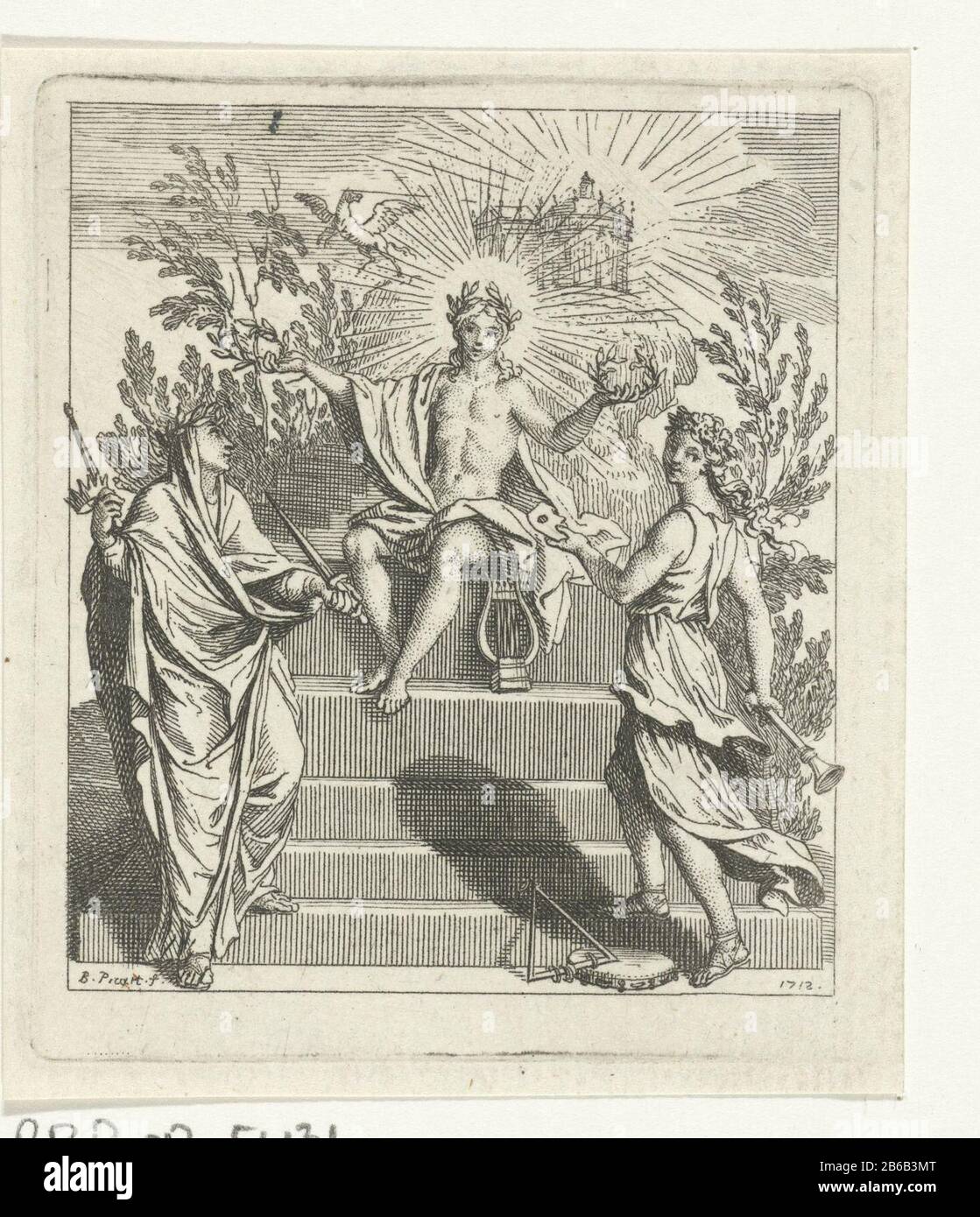 Apollo honore deux muses Apollo, dieu de la poésie et de la musique au Parnassus. Il honore Melpomene et Thalia, respectivement les muses de la tragédie et de la comédie. En arrière-plan est le vol de Pegasus. Fabricant : printmaker: Bernard Picart (propriété cotée) Lieu de fabrication: Amsterdam Date: 1712 Caractéristiques physiques: Gravure; matériau d'épreuvage: Technique du papier: Gravure / engraa (procédé d'impression) mesures: Bord de la plaque: H 75 mm × 64 b mmTelieliechtingTweede de cette condition d'impression utilisée comme page de titre pour: Florent Carton Dancourt. le miller manquant. Kluchtspel. [Lire] P.A. le Huybert Kruiningen. Amsterdam Banque D'Images