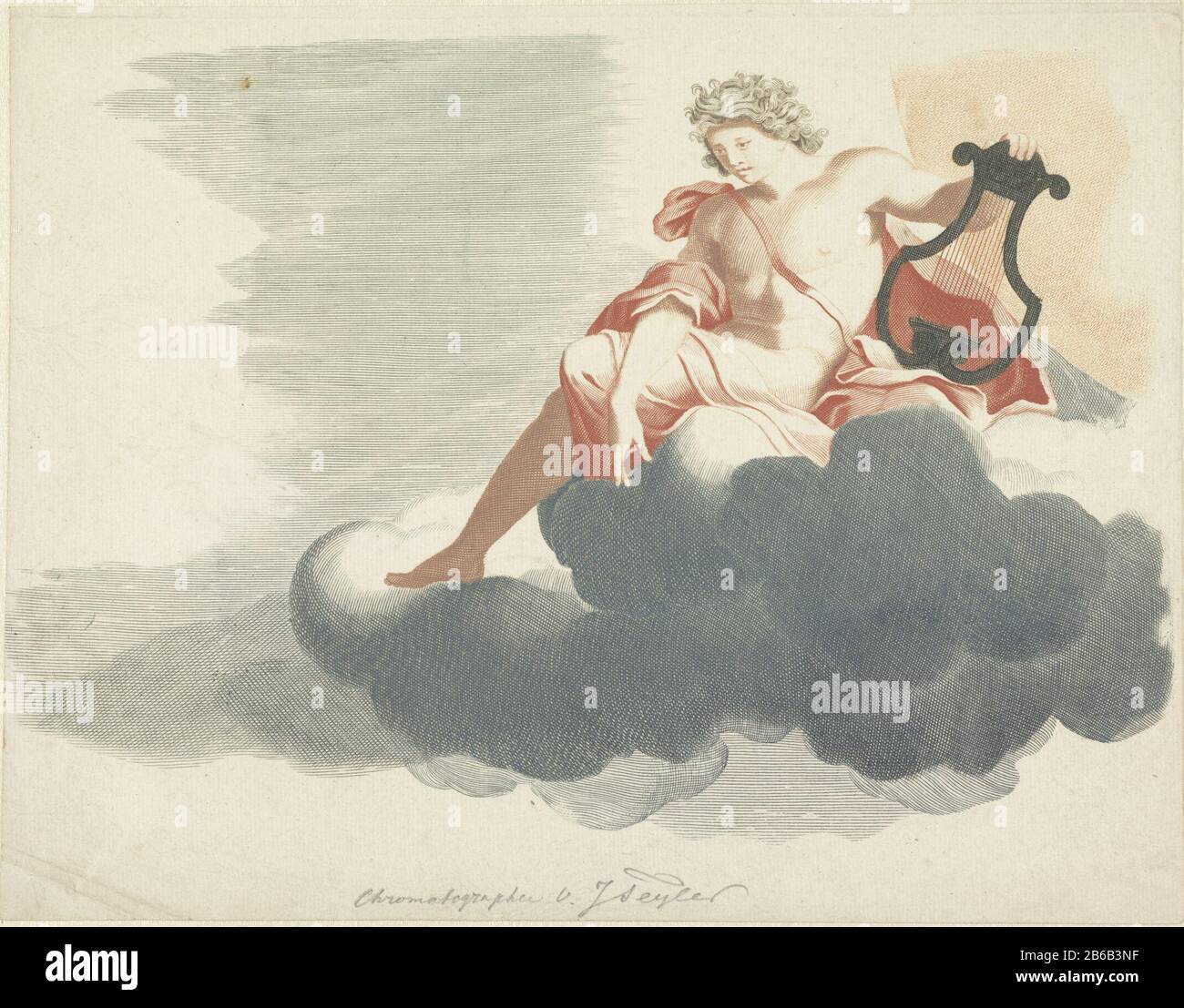 Apollo sur les nuages Le soleil dieu Apollo assis avec sa lyre à la main sur les nuages. Créateur de la fabrication: Printmaker: Supervision anonyme Johan Teylerstraat Lieu fabrication: Pays-Bas Date: 1688 - 1698 Caractéristiques physiques: Voiture à la poupée en rouge, orange et gris: Technique du papier: Engraa (procédé d'impression) / à la poupée / couleur dimensions: Bord de la plaque: H 203 mm × W 262 mm Objet: (Histoire de) Apollo (Phoebus) Banque D'Images