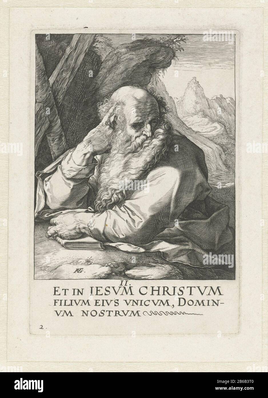 L'Apôtre Andreas Christ, aux douze Apôtres et Saint Paul (titre de la série) la Saint-André à mi-longueur, une croix de Saint-André à côté de lui. En marge sous l'impression de quelques lignes de latin. Imprimez à partir d'une série de veertien. Fabricant : print maker: Hendrick Goltzius (indiqué sur l'objet), à sa conception: Hendrick Goltzius Éditeur: Hendrick Goltzius Lieu de fabrication: Haarlem Date: 1589 Caractéristiques physiques: Matière: Papier technique: Engraa (procédé d'impression) mesures: Bord de la plaque: H 152 mm × W 104 mm Sujet: L'apôtre Andrew; attributs possibles: Livre, croix en forme de X, poisson, poisson Banque D'Images