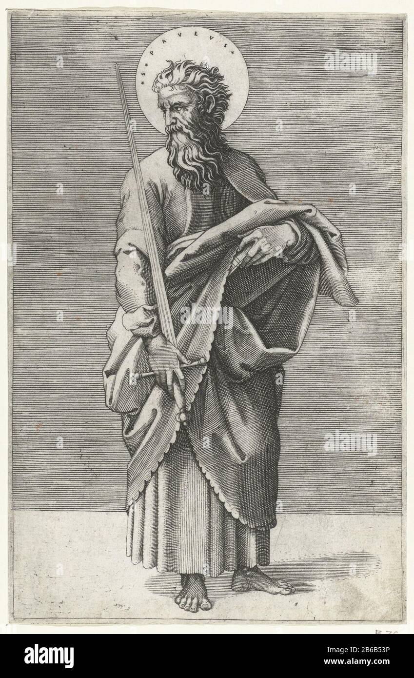 Apôtre Paul avec épée S Pavlvs (titre objet) Christ et les Apôtres (titre de la série) Apôtre Paul avec lourd: DS Pavlvs (titre objet) Christ et les Apôtres (titre de la série) Type de propriété: Photo Numéro de l'article: RP-P-OB-11.785Catalogusreferentie: Bartsch 76 Fabricant: Graveur Marc Antonio Raimondaar design: Lieu de fabrication: Raphael Italie Date: 1517 - 1527 Caractéristiques physiques: Matériel automobile: Papier technique: Engrala (impression) Dimensions: Feuille: H 213 mm × W 139 mmToelichtPrent pour concevoir Raphaël. Objet: L'apôtre Paul de Tarsus; attributs possibles: Livre, défilement, épée Banque D'Images