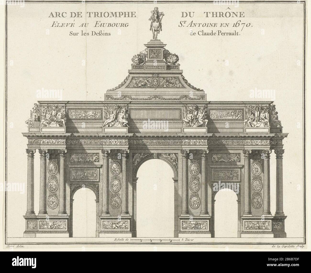 Arche triomphale avec trois portes et au sommet d'un pilote paard. Fabricant : printmaker: La Gardette (propriété cotée) à concevoir par: Claude Perrault (bâtiment classé) éditeur: Fabrication anonyme: France (possible) Date: 1670 matériau: Technique du papier: Dimensions de gravure: Feuille: H 175 mm × W 213 mm Banque D'Images