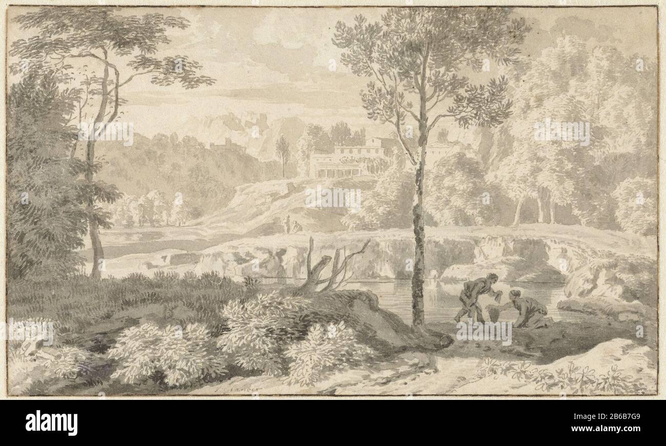 Paysage Arcadien avec des figures d'un lac Paysage Arcadien avec des figures d'un autre type d'objet: Dessin Numéro d'objet: RP-T 1912-1 Fabricant : artiste: Johannes Glauber Lieu de fabrication: Amsterdam (possible) Date: Après 1684 Caractéristiques physiques: Nib, différentes couleurs encre grise et marron-grise avec stylo gris et encre marron sur craie noire; lignes de cadre dans encre marron foncé: Technique d'encre papier: Dimensions du stylo / pinceau: H 102 mm × W 170 mm Banque D'Images