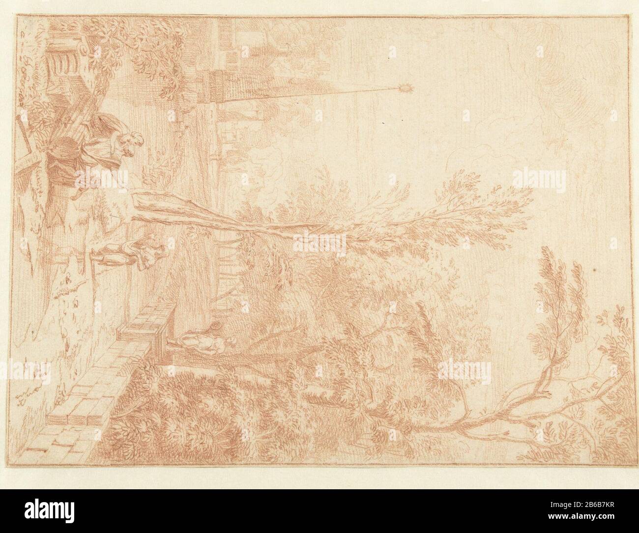Paysage Arcadien avec chiffres par un paysage obélisque Arcadien avec chiffres par un obelisk Type d'objet : Dessin Numéro d'objet: RP-T 00-327 Fabricant : artiste: Johannes Glauber Dating: CA. 1674 - ca. 1695 Caractéristiques physiques : craie rouge ; lignes de cadre en craie rouge matériau : papier craie Dimensions : H 340 mm × W 250 mm Banque D'Images