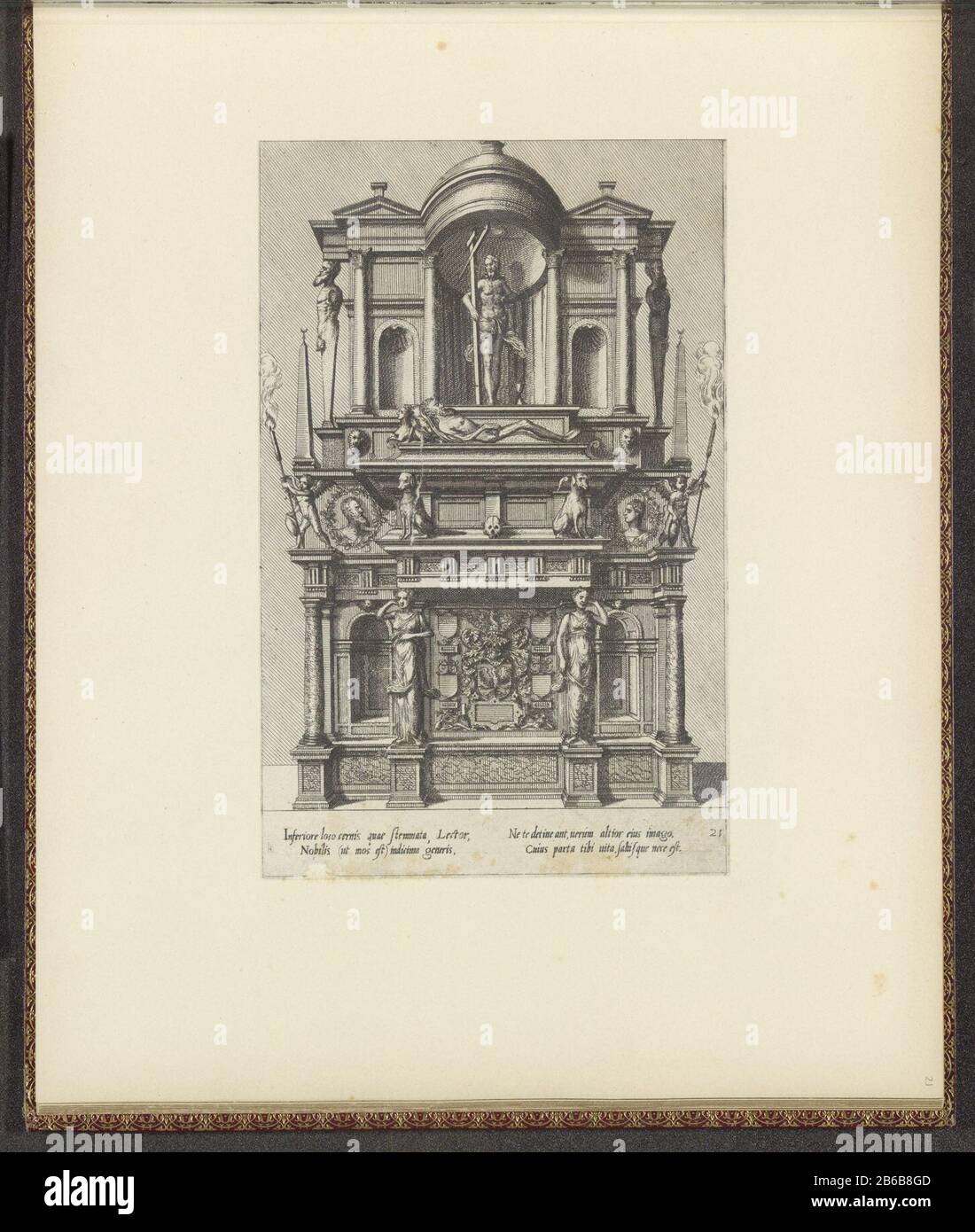 Monument architectural avec effigie du Christ Coenotaphiorum (titre de la série) Tombeaux et monuments funéraires (titre de la série) monument architectural destiné à être placé contre un mur. Le monument se compose d'une double structure avec une saillie moyenne ressault. Au milieu du sarcophage avec l'effigie du défunt en état déjoué. Sa tête repose sur un sphinx. En outre, dans une alcôve Christ avec la croix. Sous elle, entre autres une plaque avec des armoiries, flanquée de caryatides. Dans la marge inférieure, quatre lignes de texte dans deux colonnes, en latin. L'impression fait partie d'un album. Homme Banque D'Images