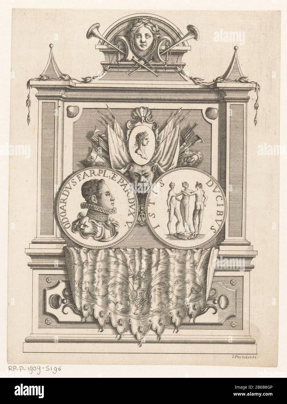 Objet architectural avec le portrait d'Odoardo Farnese, duc de Parme, et Piacenza objet architectural, semblable à un tombeau. Au milieu de deux médaillons: À gauche du portrait Odoardo Farnese et à droite, les trois grâces. Au-dessus des médaillons les attributs de la bataille Où: Sous des bannières, des trompettes et des schilden. Fabricant : printmaker Giuseppe Pini (bâtiment classé) dans son dessin: Giuseppe Pini (propriété cotée) Lieu de fabrication: Italie Date: 1706 - 1796 Caractéristiques physiques: Gravure et gravure: Technique du papier: Engraa (processus d'impression) / dimension de gravure: Feuille: H 186 mm ( Banque D'Images