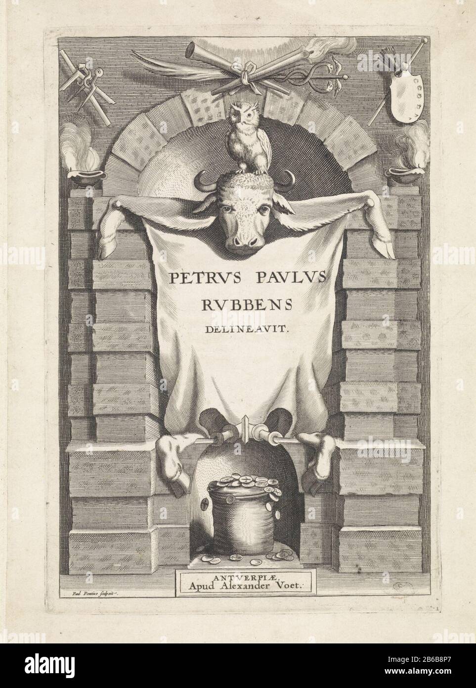 Niche architecturale avec bull hide livre de signe de Peter Paul Rubens (titre de la série) une niche architecturale avec une peau de taureau Où: Le titre en latin. Sur la tête du taureau est une chouette, l'attribut de Minerva comme condescendant des arts pendent au-dessus de l'alcôve différents attributs qui représentent les arts au sol un sac munten. Fabricant : printmaker, Paul Pontius (propriété listée) au dessin: Peter Paul Rubens (bâtiment listed) éditeur: Alexander Foot (listed property) Lieu de fabrication: Anvers Date: 1616 - 1657 Caractéristiques physiques : matière de prise: Technique du papier: Engraa (procédé d'impression) Mesure Banque D'Images