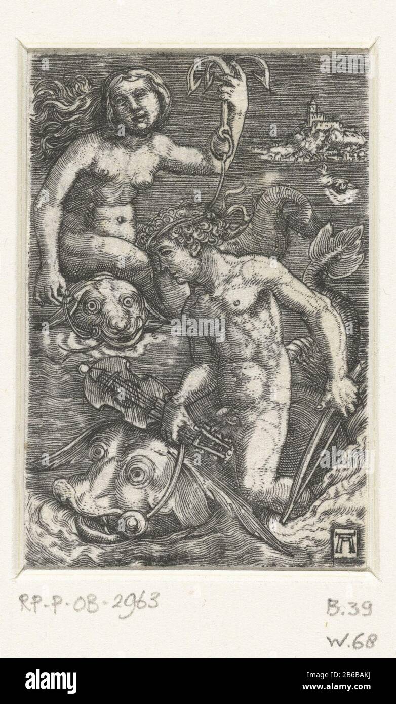 Arion assis sur un dauphin, avec une lira da braccio (un type de violon) d'une part et un arc de l'autre. Derrière lui un Nereid sur un dauphin avec une ancre dans sa main. Fabricant : printmaker Albrecht Altdorfer (bâtiment classé) dans son dessin: Albrecht AltdorferPlaats fabrication: Allemagne Date: CA. 1506 - 1538 Caractéristiques physiques: Matériel automobile: Papier technique: Engrala ( impression) mesures: Feuille: H × 61 mm b 40 mm Objet: Arion monte sur un dauphin, tenant ses lyreNereids, ou ses filles Nereus; Sea-nymph Banque D'Images
