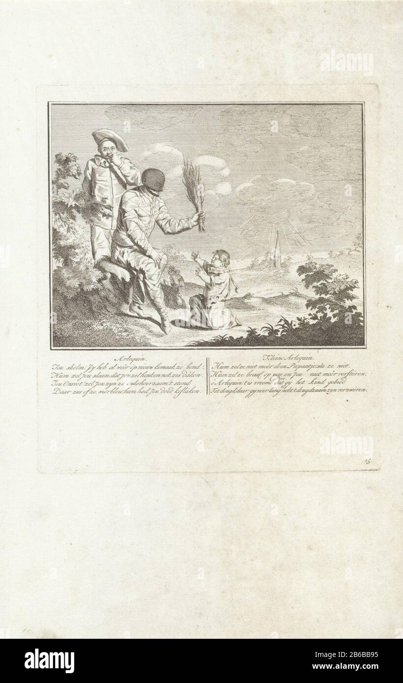 Arlequin montre le petit Arlequin Arlequin une tige en tant qu'éducateur du petit Arlequin (titre de la série) le nouveau Théâtre italien (titre de la série) dans un petit paysage Arlequin Arlequin montre une tige à Où: Avertissement. Derrière Arlequin État Piro. En arrière-plan le kerk. Fabricant : printmaker: Anonyme au dessin: Gerardus Josephus Xaveryuitgever: Pieter Schenk (II) Editeur: Peter Schenk (I) (rejet de l'attribution) Lieu de fabrication: Amsterdam Date: 1720 - 1728 Caractéristiques physiques: Gravure et engrama matière: Papier technique: Gravure / plaque A (impression) mesures: EDGE: 233 H Banque D'Images