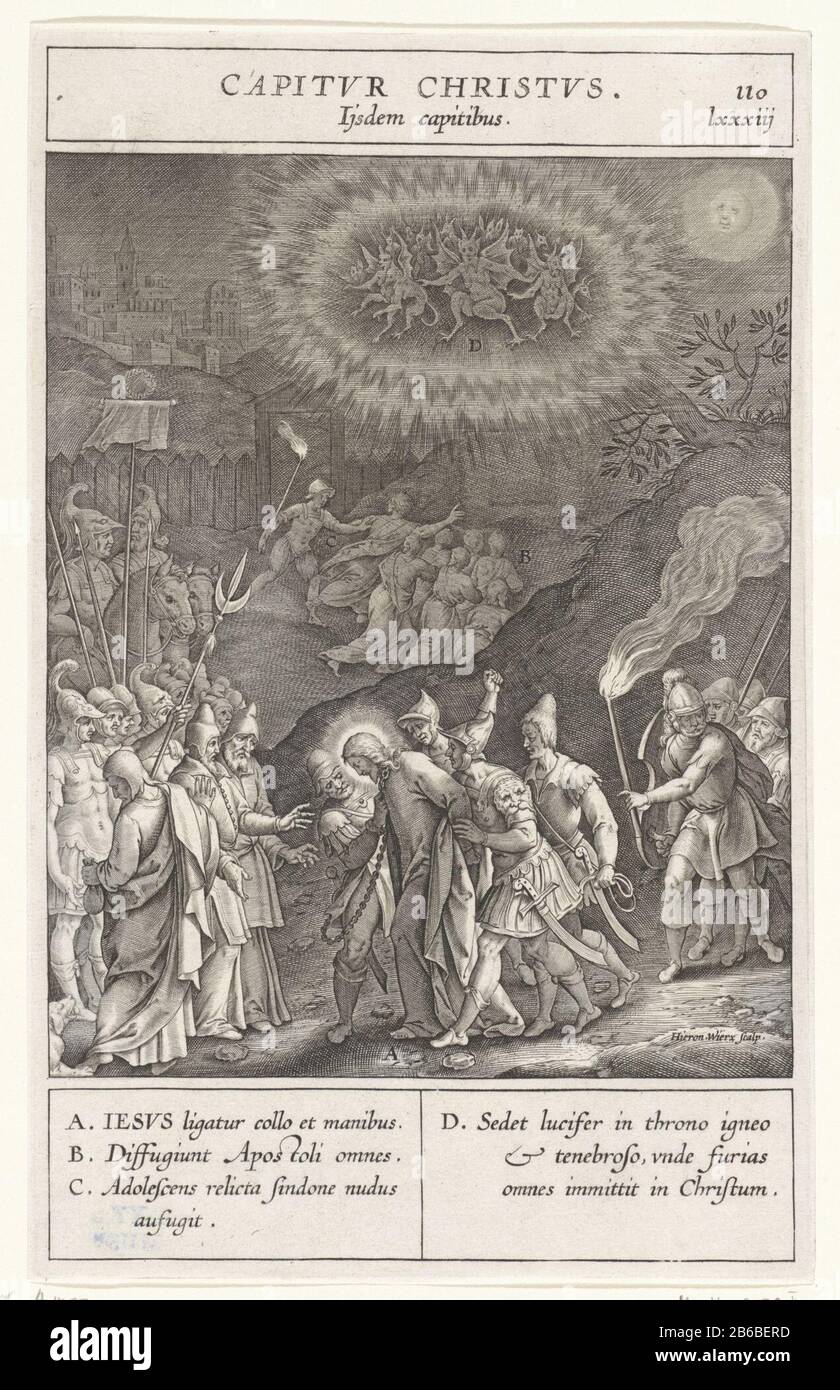 Arrestation de Christ Capitvr Christvs (titre objet) les soldats entourent et arrêtent Christ. Ses mains sont attachées derrière leur dos. À divers éléments du spectacle sont des lettres qui correspondent à la légende dans la marge. Fabricant : printmaker: Jerome Who: Rix (propriété cotée) conçu par: Bernardino PasseriPlaats fabrication: Antwerp Date: 1593 Caractéristiques physiques: Matériel automobile: Technique papier: Engrala ( impression) mesures: Bord de la plaque: H 231 mm × W 144 mToelichtPrent utilisé dans: Nadal, Jeronimo. Evangelicae Historiae Imagine. Anvers: Martinus Nutius, 1593. Objet: Le jugement de Banque D'Images