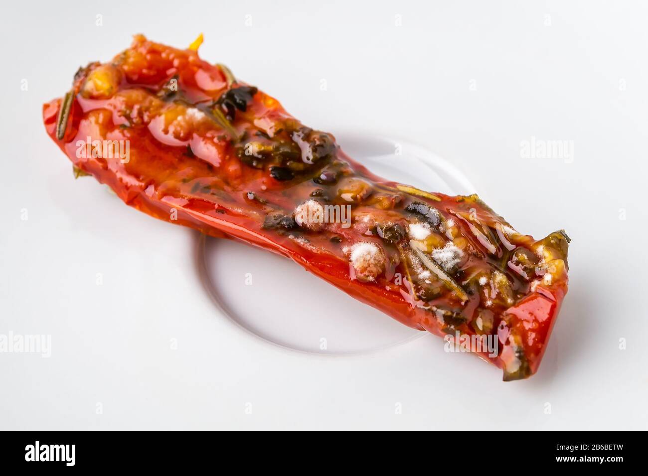 Moule blanc sur une tomate séchée au soleil gâtée. Rotochez la tomate sur une plaque blanche. Fruits et légumes gâtés. Stockage incorrect des légumes. Gros plan. Banque D'Images