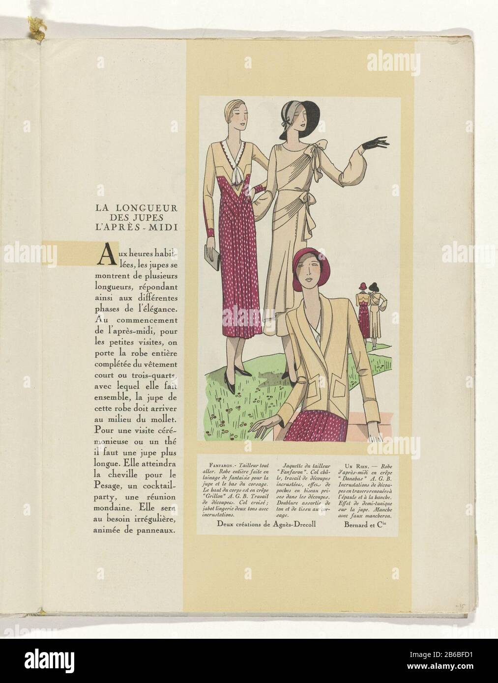 Texte 'la autonome des jupes l'après-midi' avec un tailleur (costume)  d'Agnès-Drecoll et une robe de l'après-midi de Bernard. Page du magazine de  mode Art-Gout-Beauté (1920-1933) . Fabricant : printmaker: Designer de mode