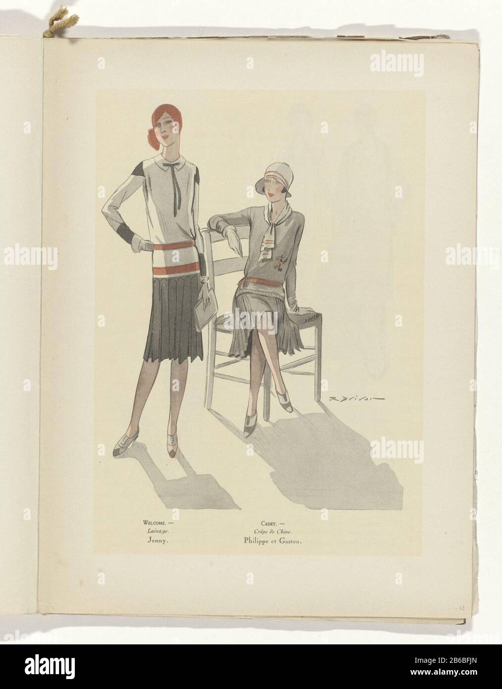 Deux femmes, dont une assise sur une chaise. Liens: Ensemble de laine, Jenny. Droite : ensemble de crêpe de Chine, Philippe et Gaston. Page du magazine de mode Art-Gout-Beauté (1920-1933) . Fabricant : design par R. DRIVON (bâtiment classé) printmaker: Anonyme couturier: Philippe et Gaston (bâtiment classé) maison de mode: Jenny (bâtiment classé) éditeur : Charles Goy (indiqué sur l'objet) Date: 1929 Caractéristiques physiques: Photomécanique couleur matériel d'impression: Papier: Technique techniques photomécaniques / couleur taille: Feuille: H 315 mm × W 240 mm Objet : plaques de mode Banque D'Images