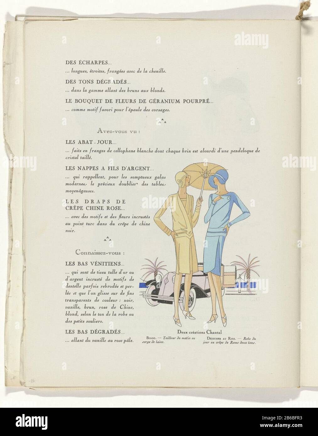 Illustration textuelle des créations Chantal. À gauche : tailleur (costume) pour la matinée « Vierge de laine. Manteau assorti (chapeau de cloche) et parasol. À droite : robe de la crêpe de Rome dans deux tons de bleu. Page du magazine de mode Art-Gout-Beauté (1920-1933) . Fabricant : Éditeur: Charles Goymodehuis Chantal (bâtiment classé) En Date: 1929 Caractéristiques physiques: Lithographie, gabarits et matériaux de couleur: Papier technique: Lithographie (technique) / pochorale / mesures de couleur de la main: Feuille: H 315 mm × W 240 mm Sujet: Plaques de mode ensembles, ou pièces de vêtements (COSTUME) (+ vêtements pour femmes) parasol, soleil Banque D'Images