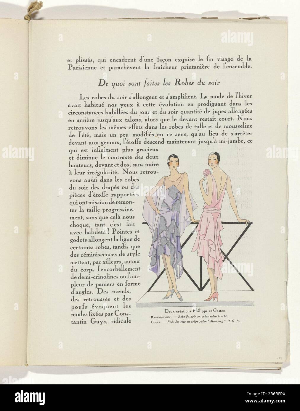 Texte avec titre sont faites quoi les Peignoirs du Soir. Image de deux robes de soirée par Philippe et Gaston: 'Regardez-moi et Ciro's. Page du magazine de mode Art-Gout-Beauté (1920-1933) . Fabricant : Editeur: Charles Goymodeonwerper Philippe et Gaston (bâtiment classé) En Date: 1929 Caractéristiques physiques: Lithographie, modèles et couleur à la main, brosse en argent: Papier technique : lithographie (technique) / pochoeur / couleur de la main / dimensions de la brosse: Feuille: H 315 mm × W 240 mm Sujet: Plaques de mode, robe: Robe de soirée (+ vêtements pour femmes) Où: 1929 - 1929 Banque D'Images